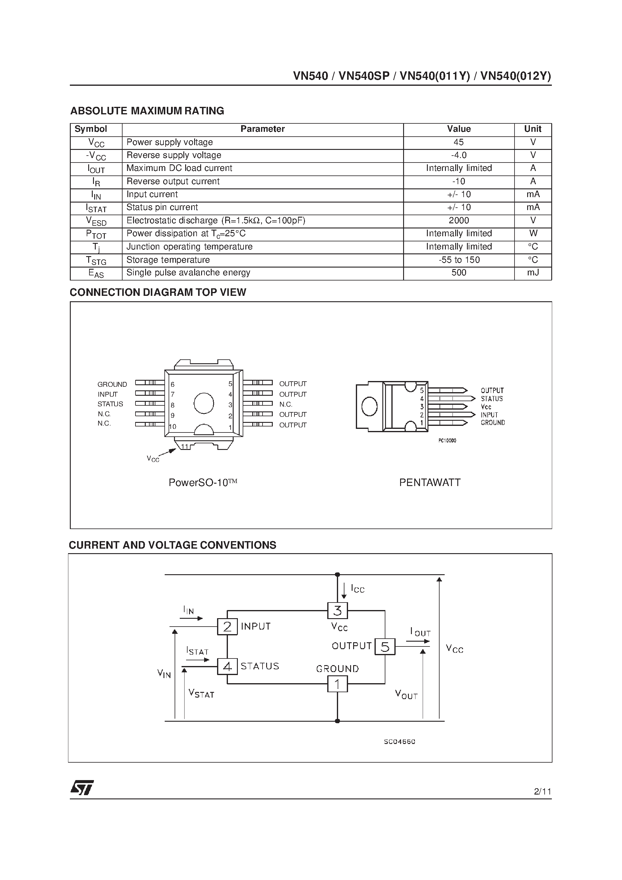 Даташит VN540 - HIGH SIDE SMART POWER SOLID STATE RELAY страница 2