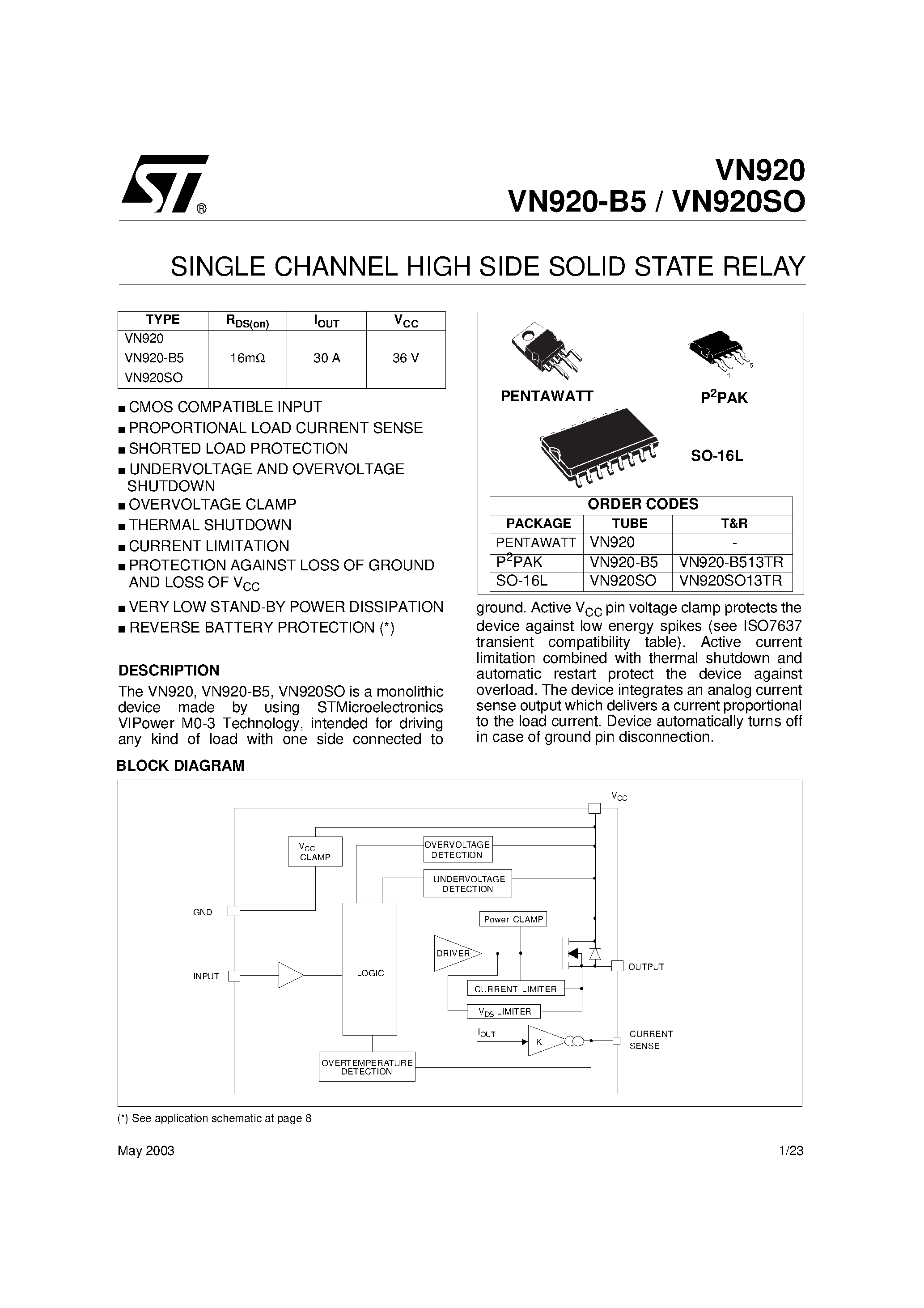 Даташит VN920-B513TR - SINGLE CHANNEL HIGH SIDE SOLID STATE RELAY страница 1