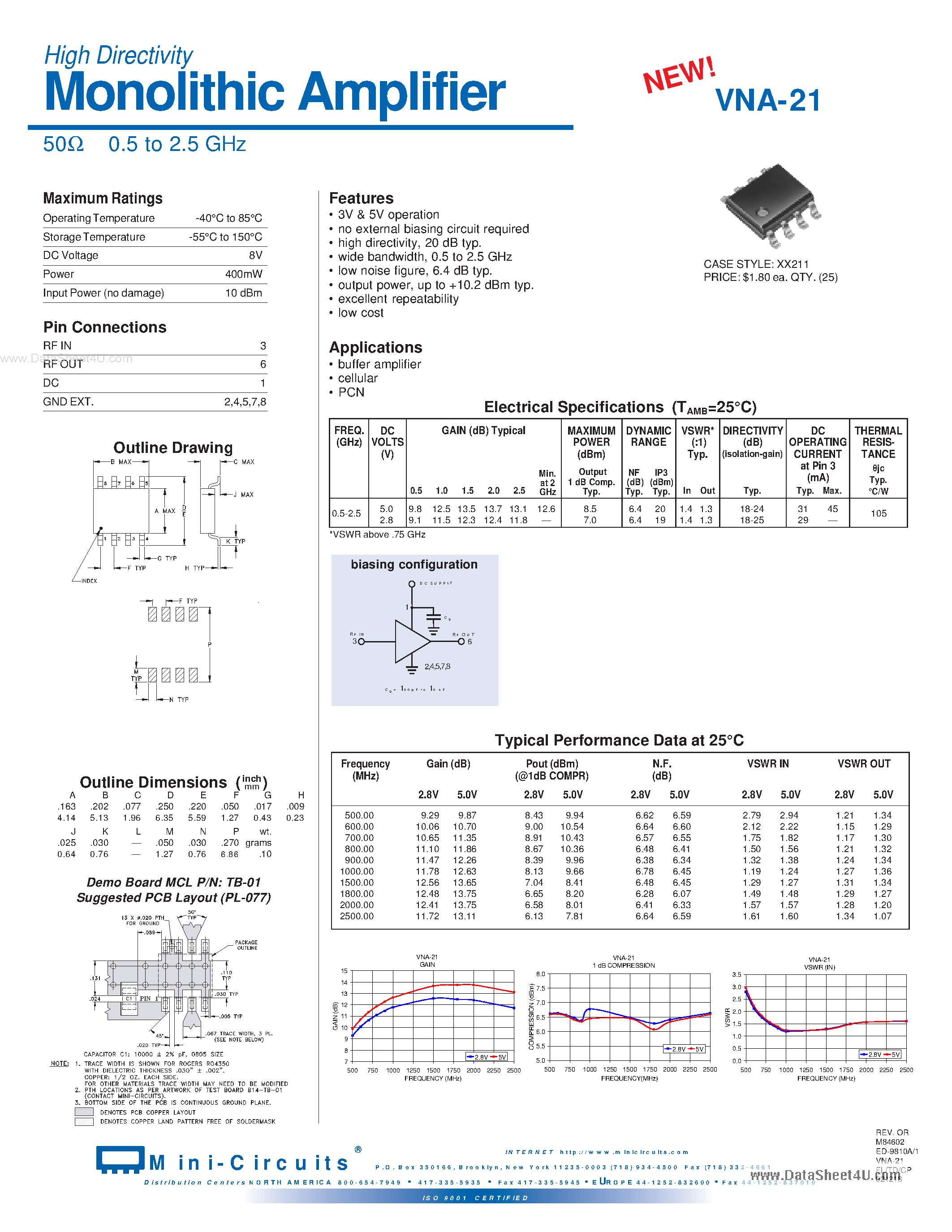 Даташит VNA-21 - Monolithic Amplifier 50OHM 0.5 to 2.5 GHz страница 1