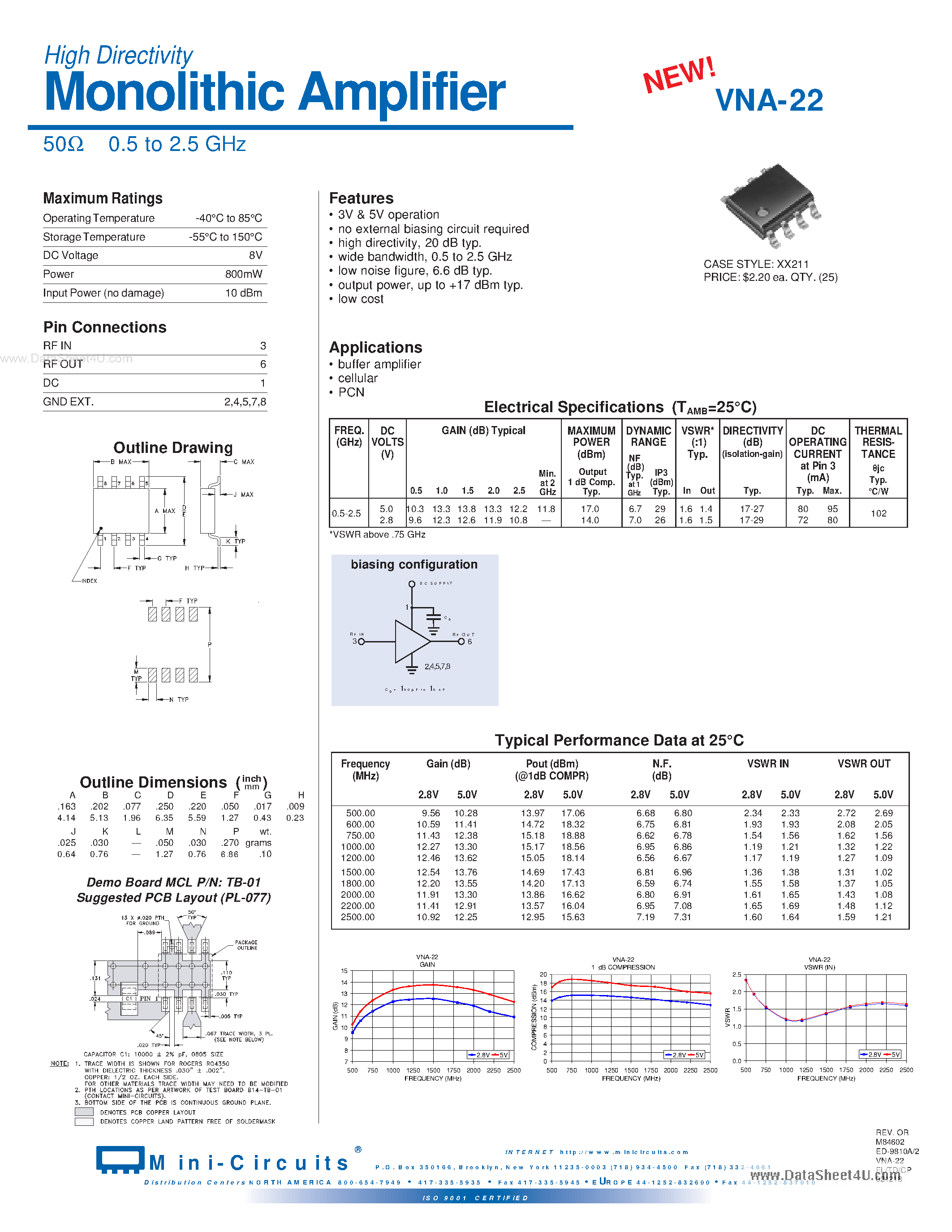 Даташит VNA-22 - Monolithic Amplifier 50OHM 0.5 to 2.5 GHz страница 1