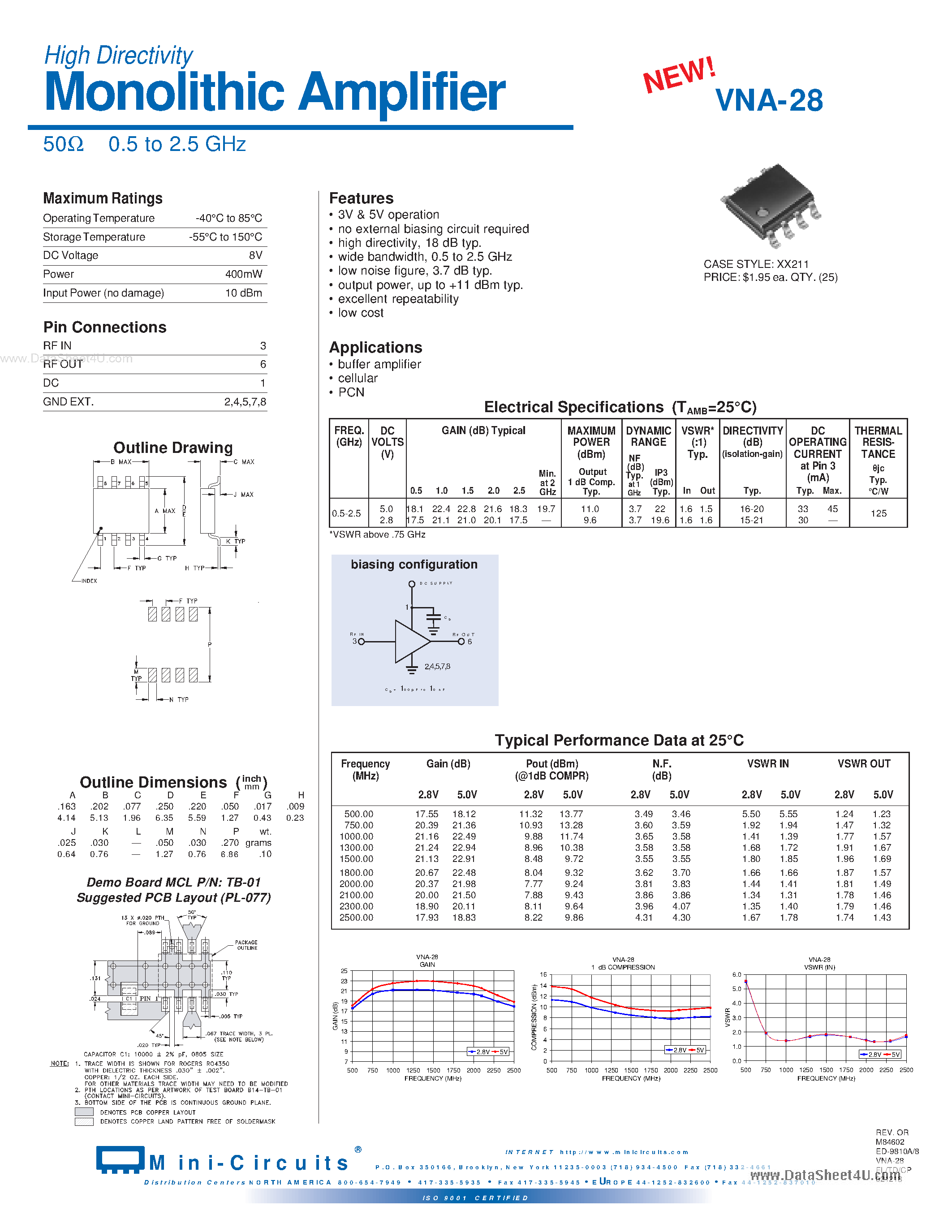 Даташит VNA-28 - Monolithic Amplifier 50OHM 0.5 to 2.5 GHz страница 1