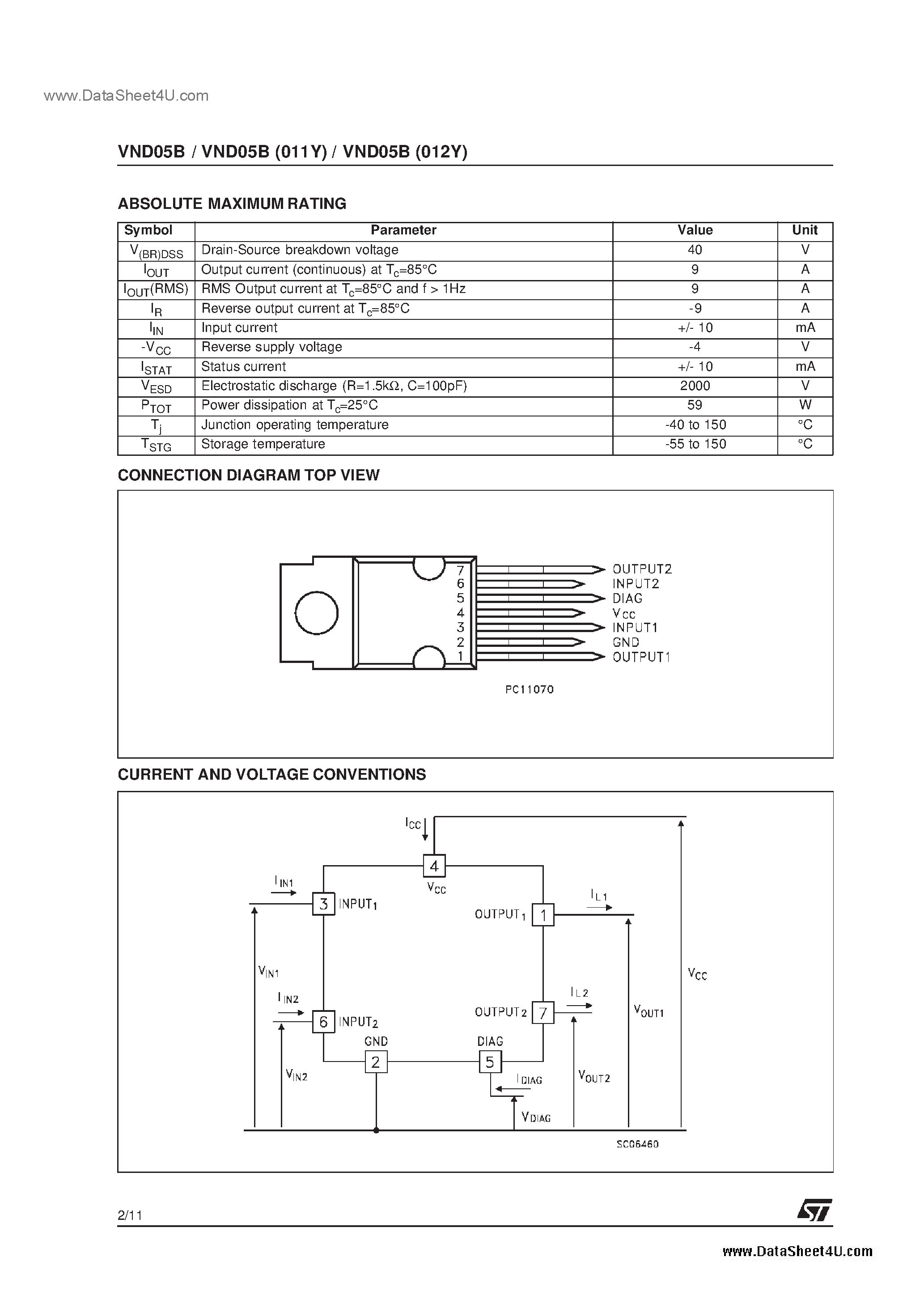 Даташит VND05 - ISO HIGH SIDE SMART POWER SOLID STATE RELAY страница 2