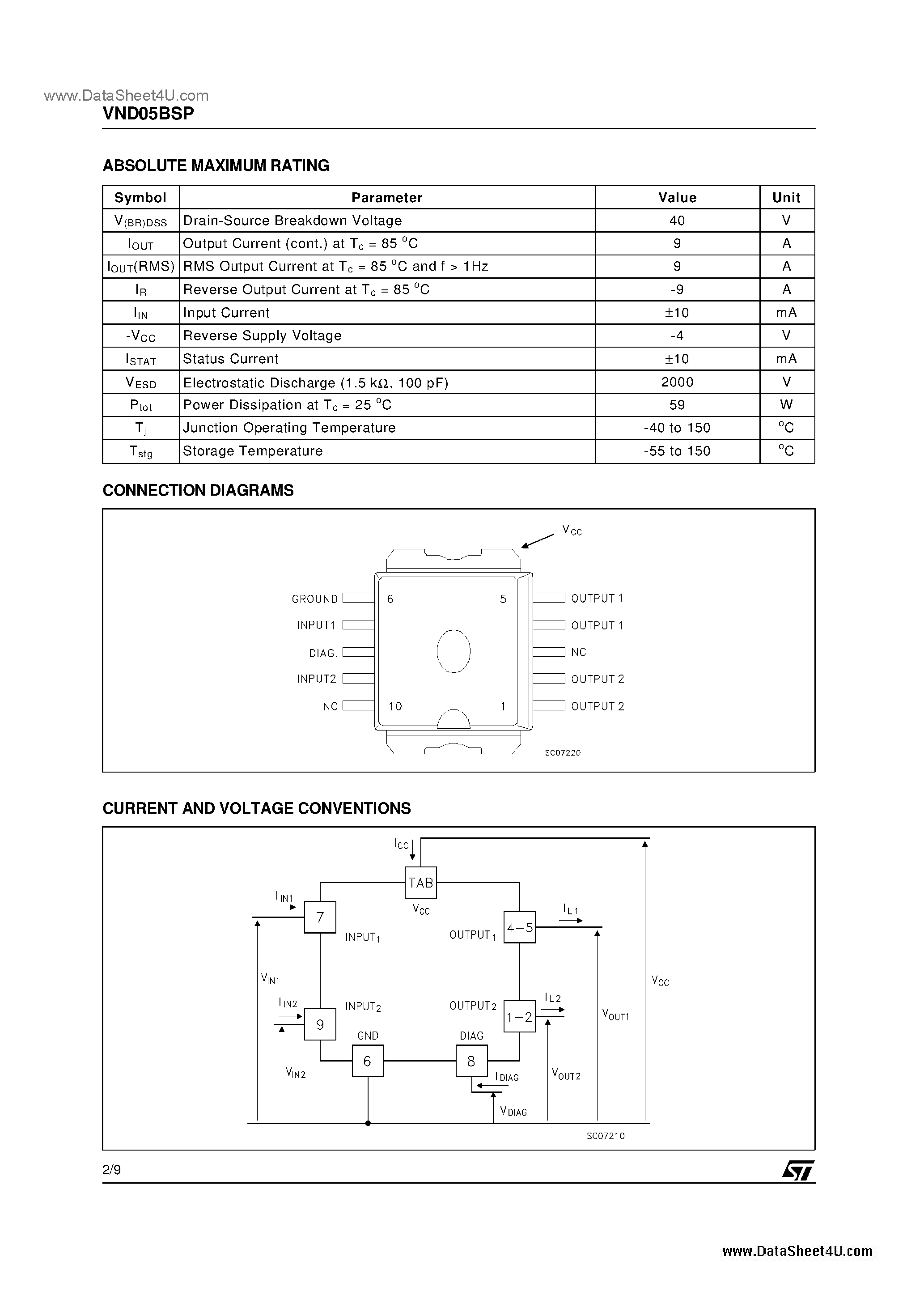 Даташит VND05BSP - ISO HIGH SIDE SMART POWER SOLID STATE RELAY страница 2