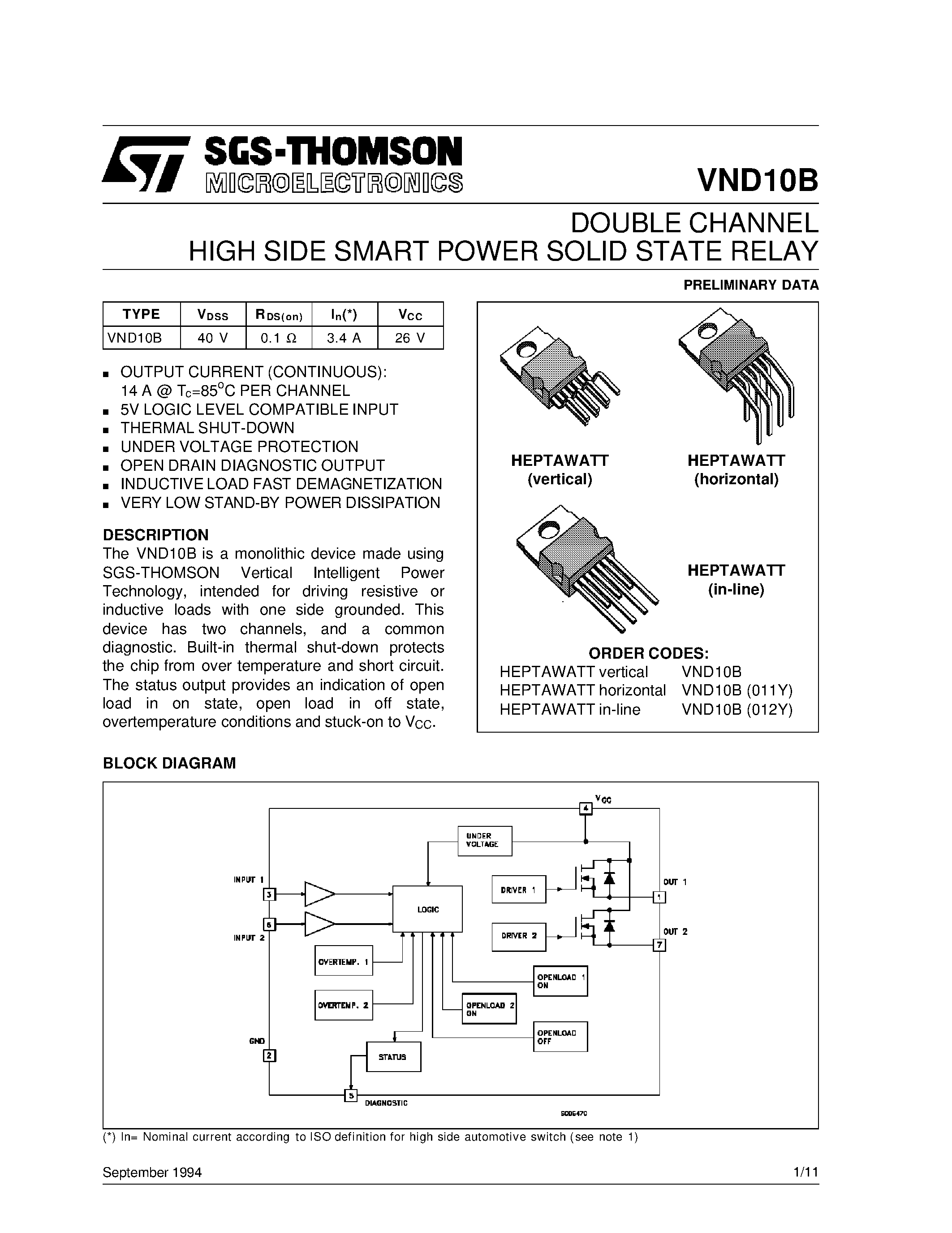 Даташит VND10B(011Y) - DOUBLE CHANNEL HIGH SIDE SMART POWER SOLID STATE RELAY страница 1