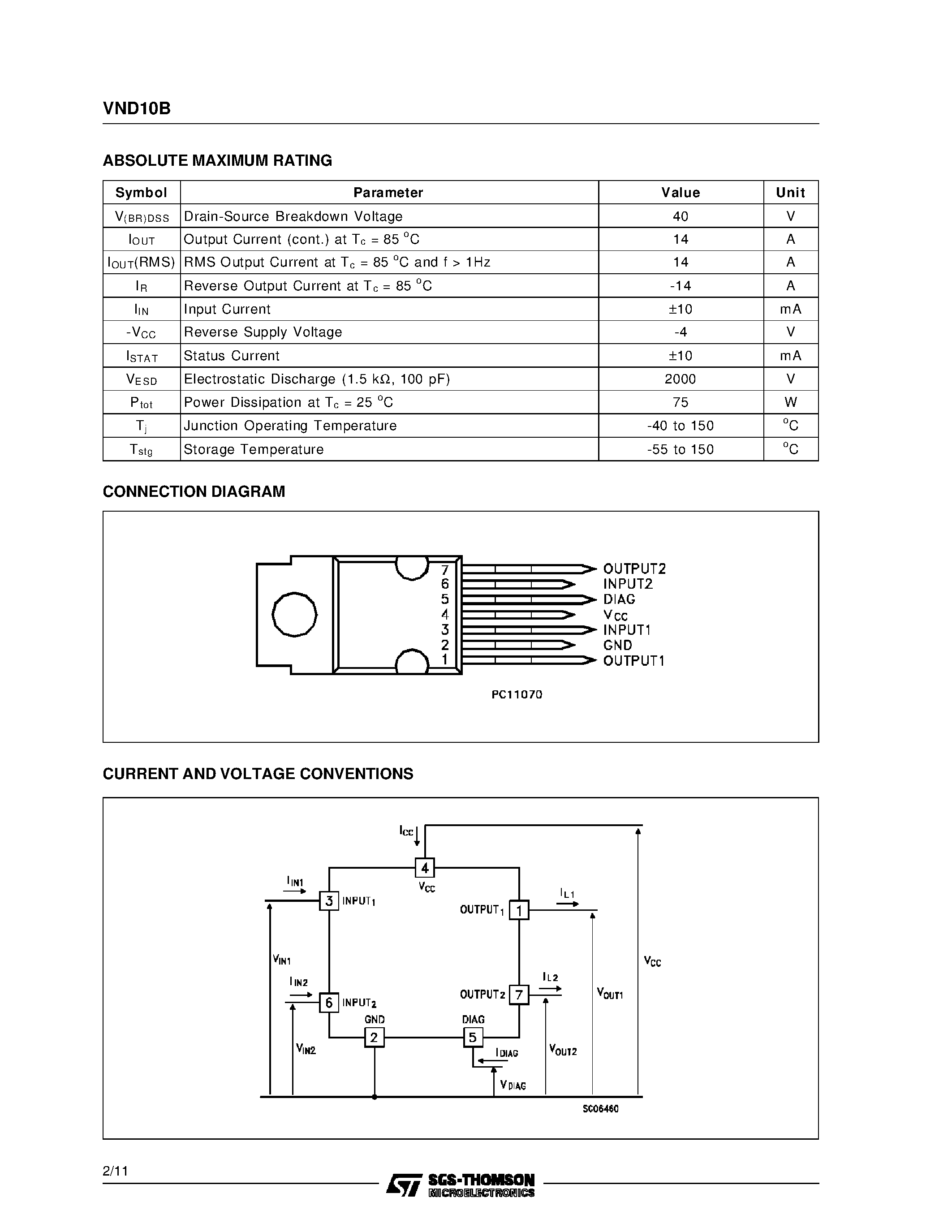 Даташит VND10B(011Y) - DOUBLE CHANNEL HIGH SIDE SMART POWER SOLID STATE RELAY страница 2