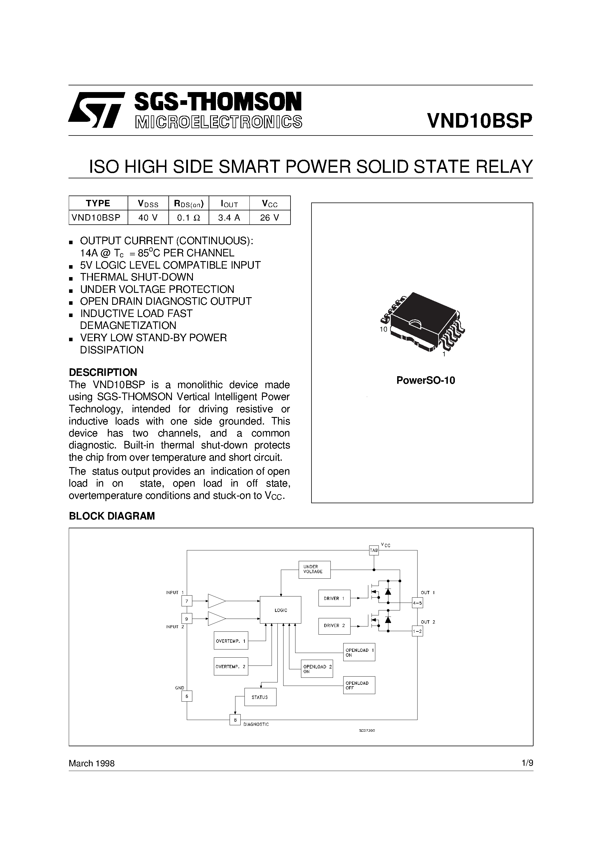 Даташит VND10BSP - ISO HIGH SIDE SMART POWER SOLID STATE RELAY страница 1