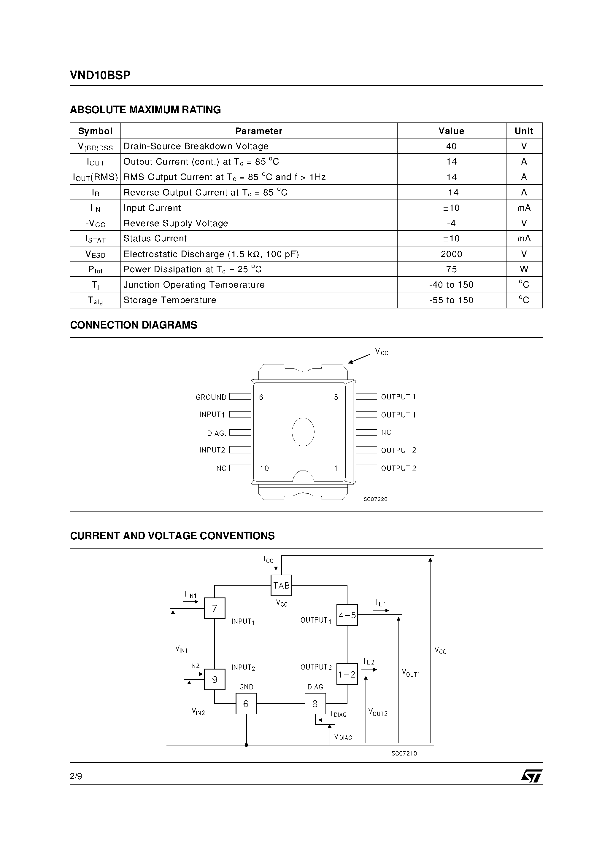 Даташит VND10BSP - ISO HIGH SIDE SMART POWER SOLID STATE RELAY страница 2