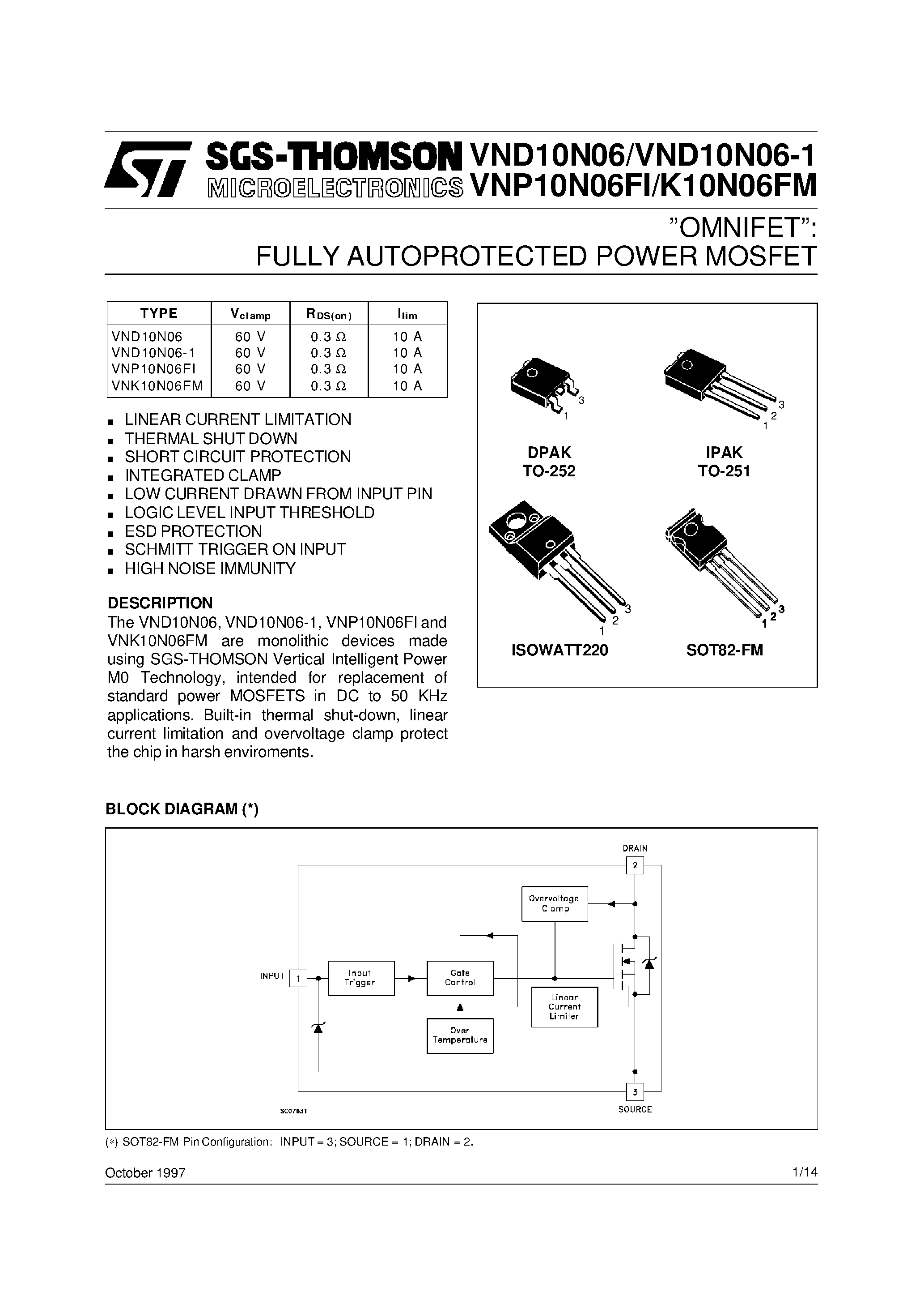 Даташит VND10N06-1 - ISO HIGH SIDE SMART POWER SOLID STATE RELAY страница 1