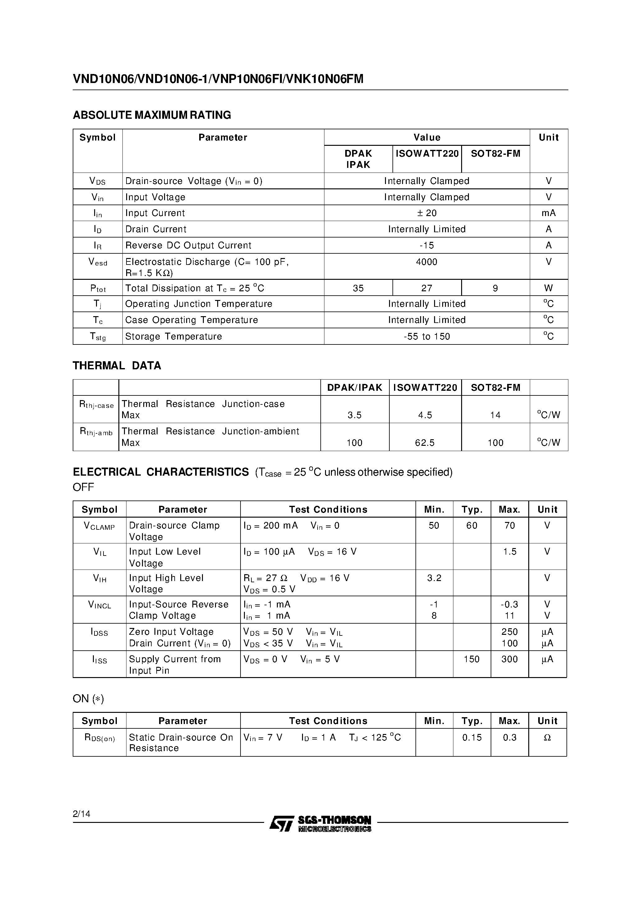 Даташит VND10N06-1 - ISO HIGH SIDE SMART POWER SOLID STATE RELAY страница 2