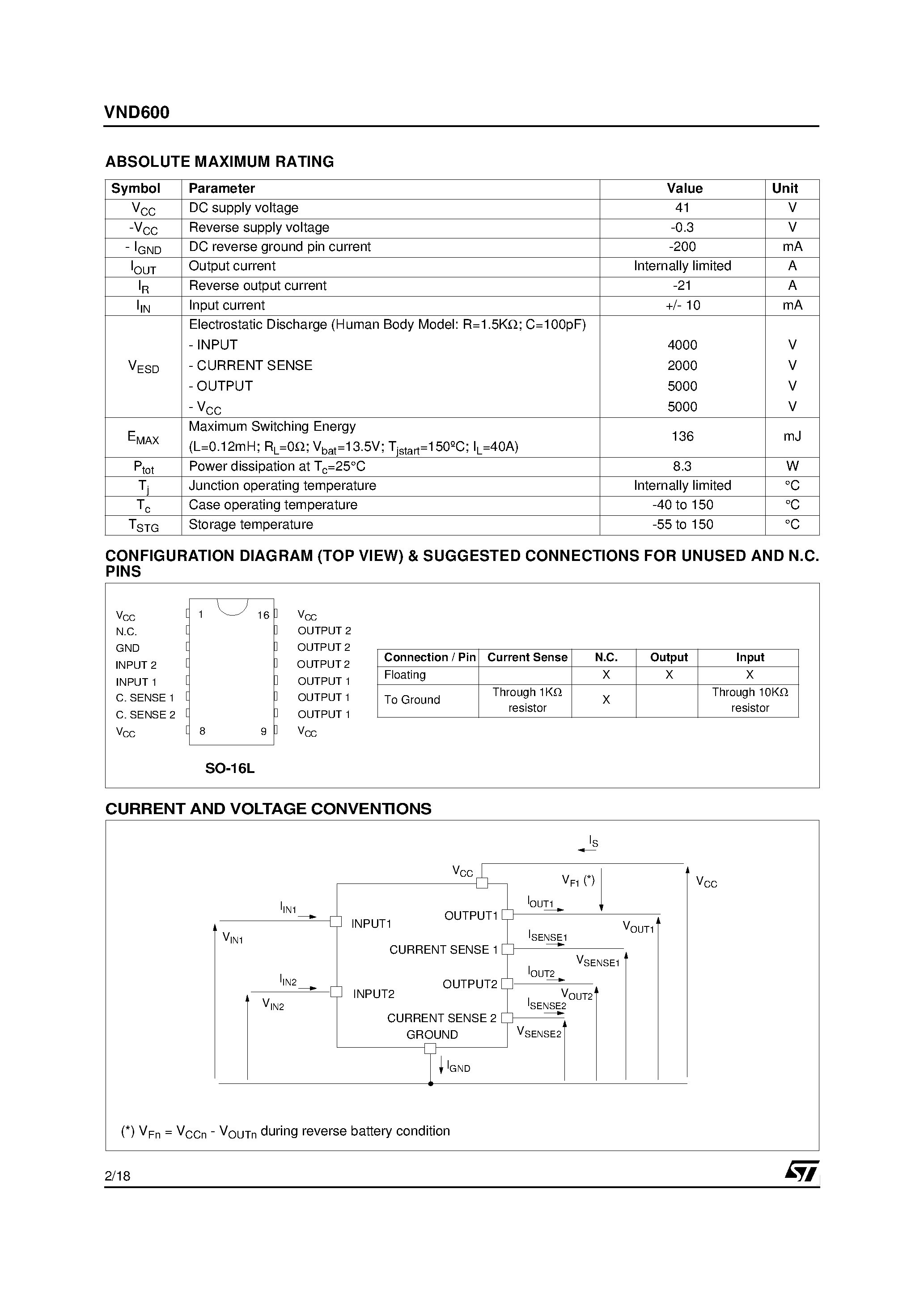 Даташит VND600 - DOUBLE CHANNEL HIGH SIDE SOLID STATE RELAY страница 2