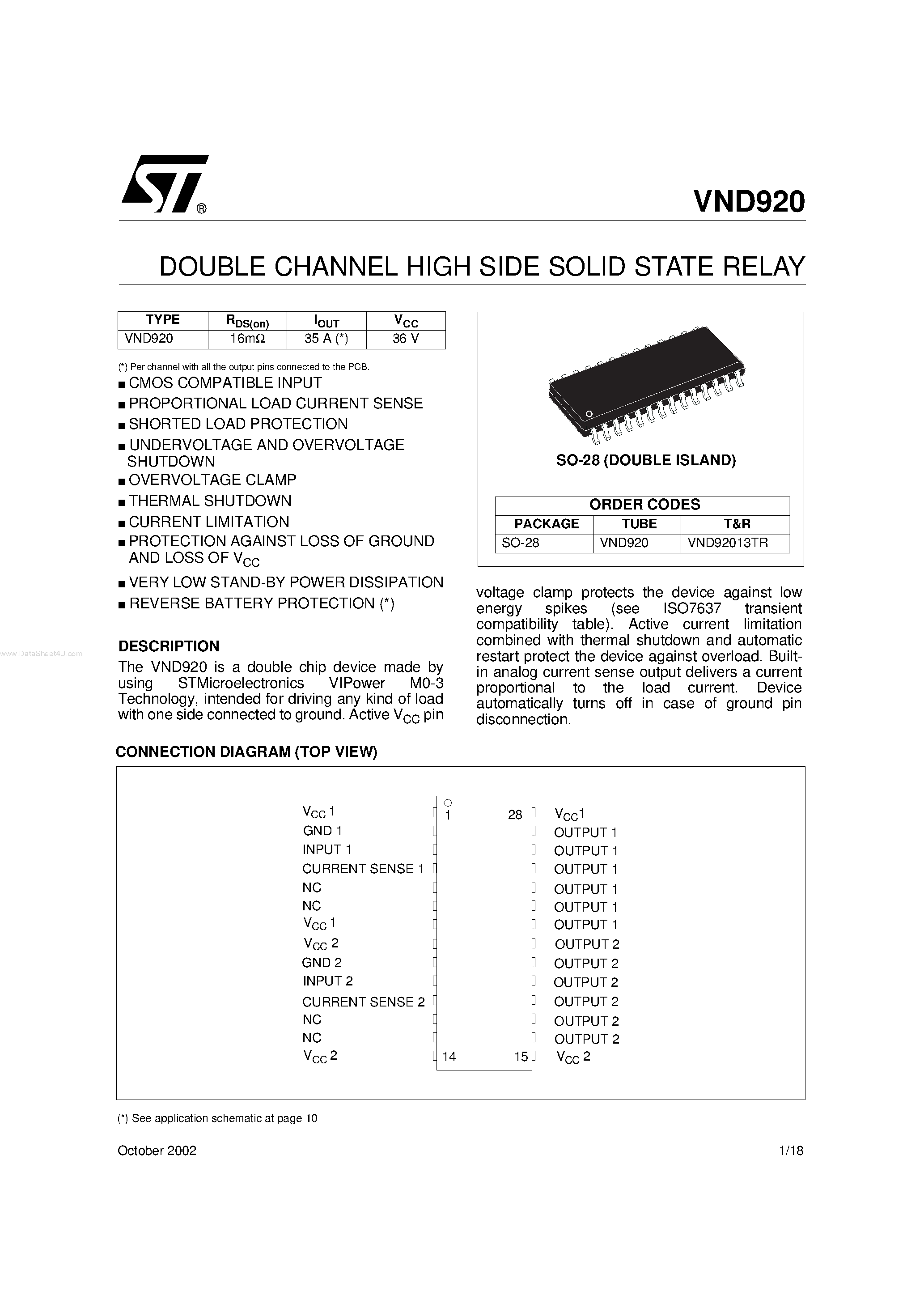 Даташит VND920 - DOUBLE CHANNEL HIGH SIDE SOLID STATE RELAY страница 1