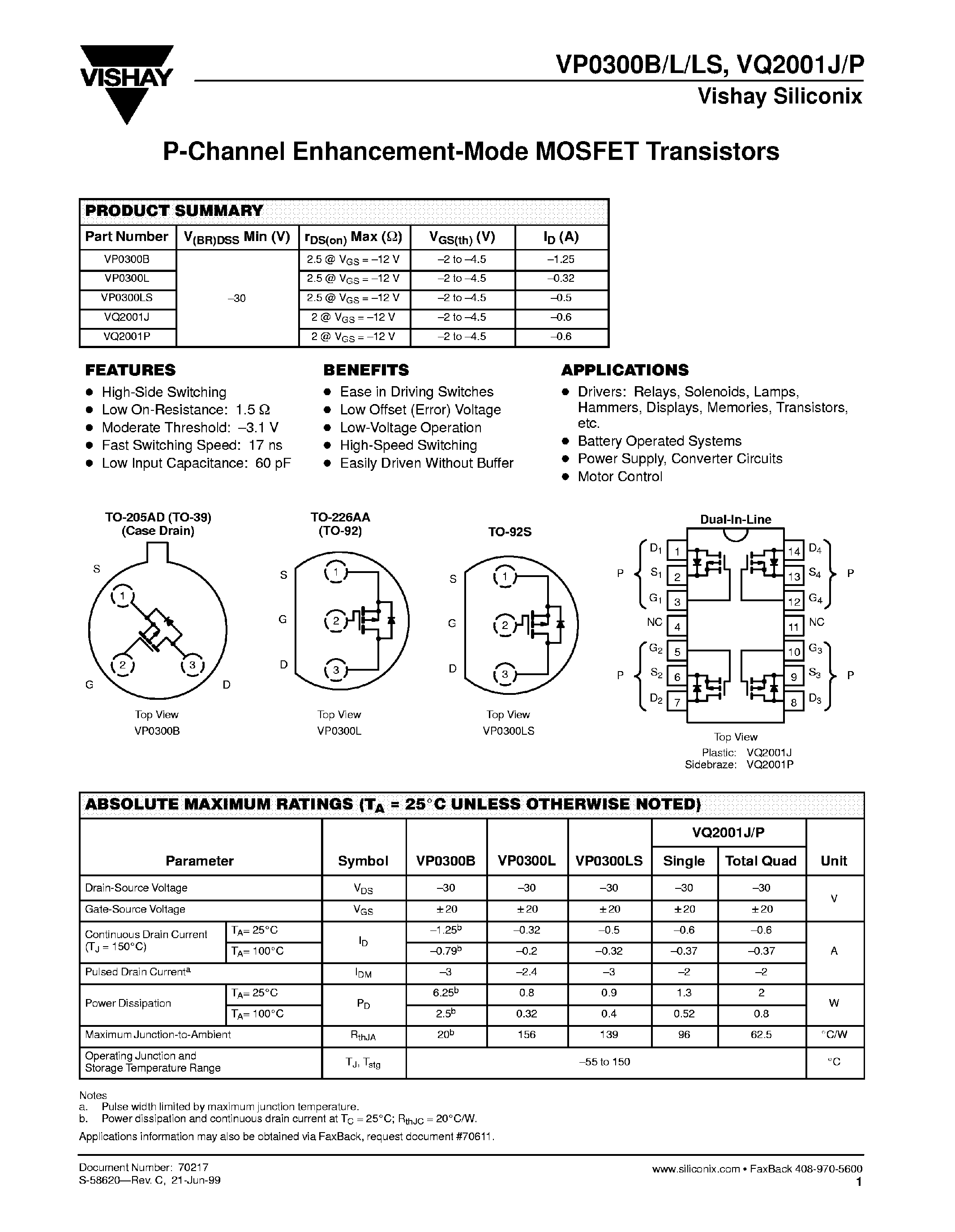 Даташит VP0300B - P-Channel Enhancement-Mode MOSFET Transistors страница 1