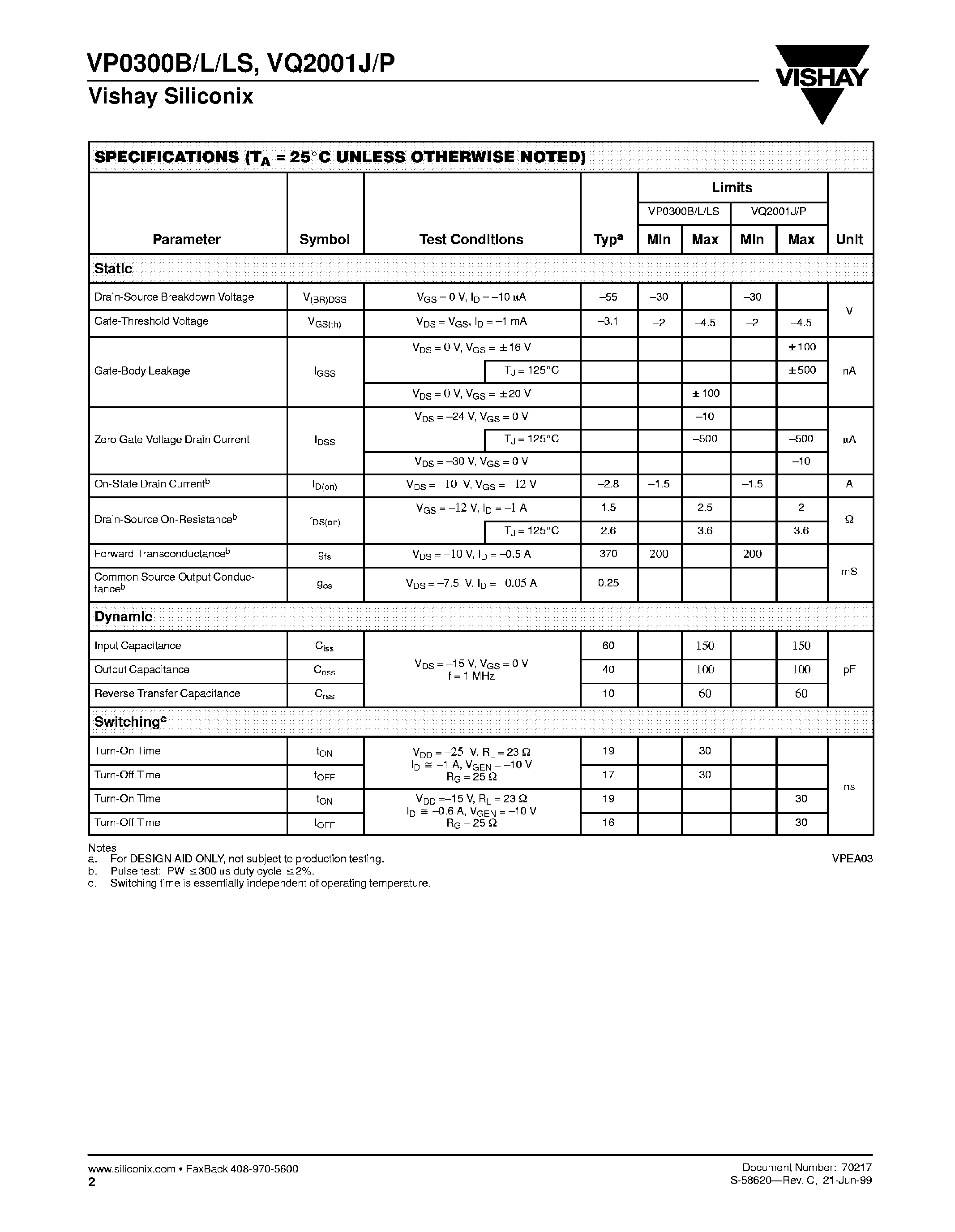 Даташит VP0300B - P-Channel Enhancement-Mode MOSFET Transistors страница 2