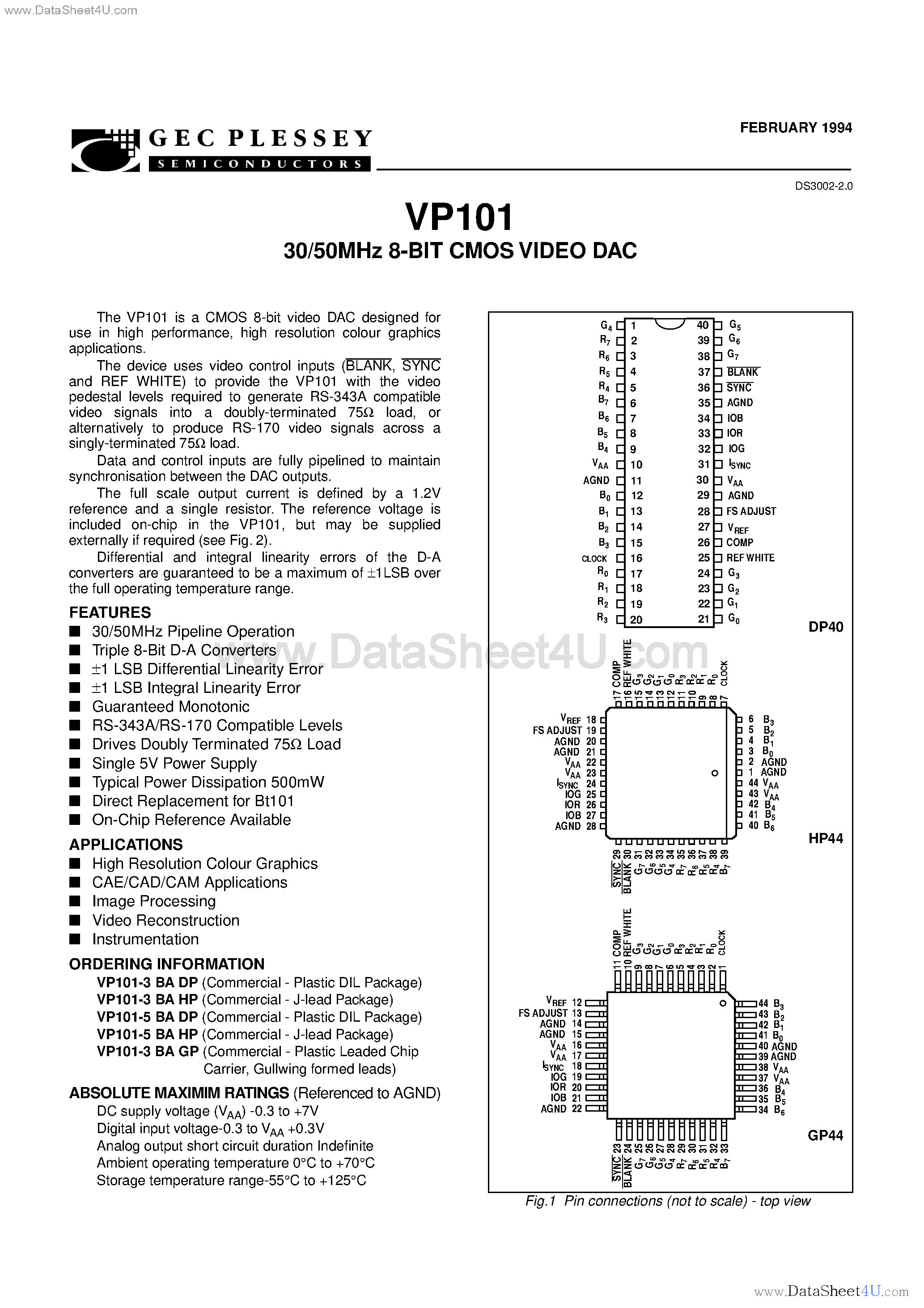 Даташит VP101 - 30/50MHz 8-BIT CMOS VIDEO DAC страница 2