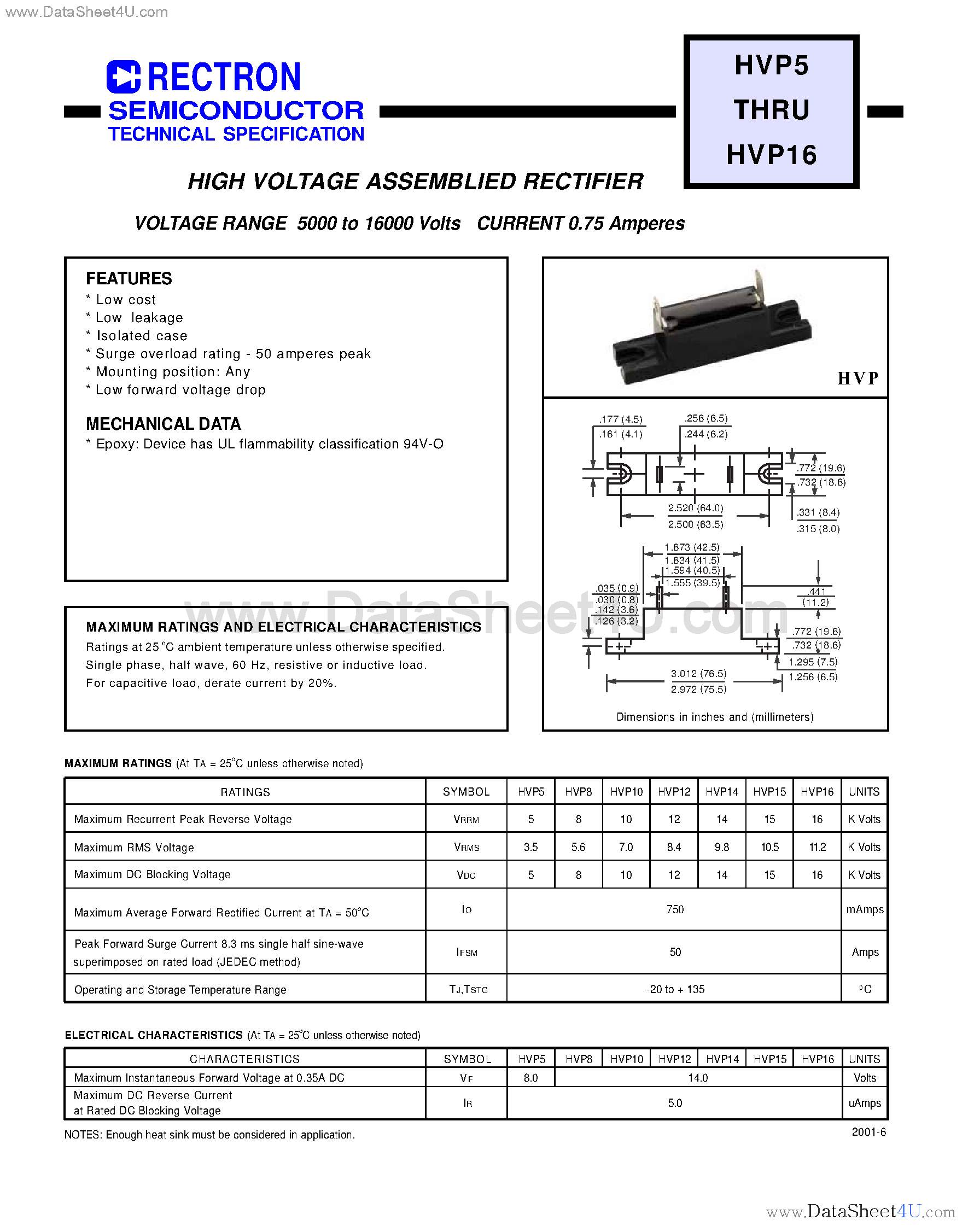 Даташит VP12 - HIGH VOLTAGE ASSEMBLIED RECTIFIER (VOLTAGE RANGE 5000 to 16000 Volts CURRENT 0.75 Amperes) страница 1