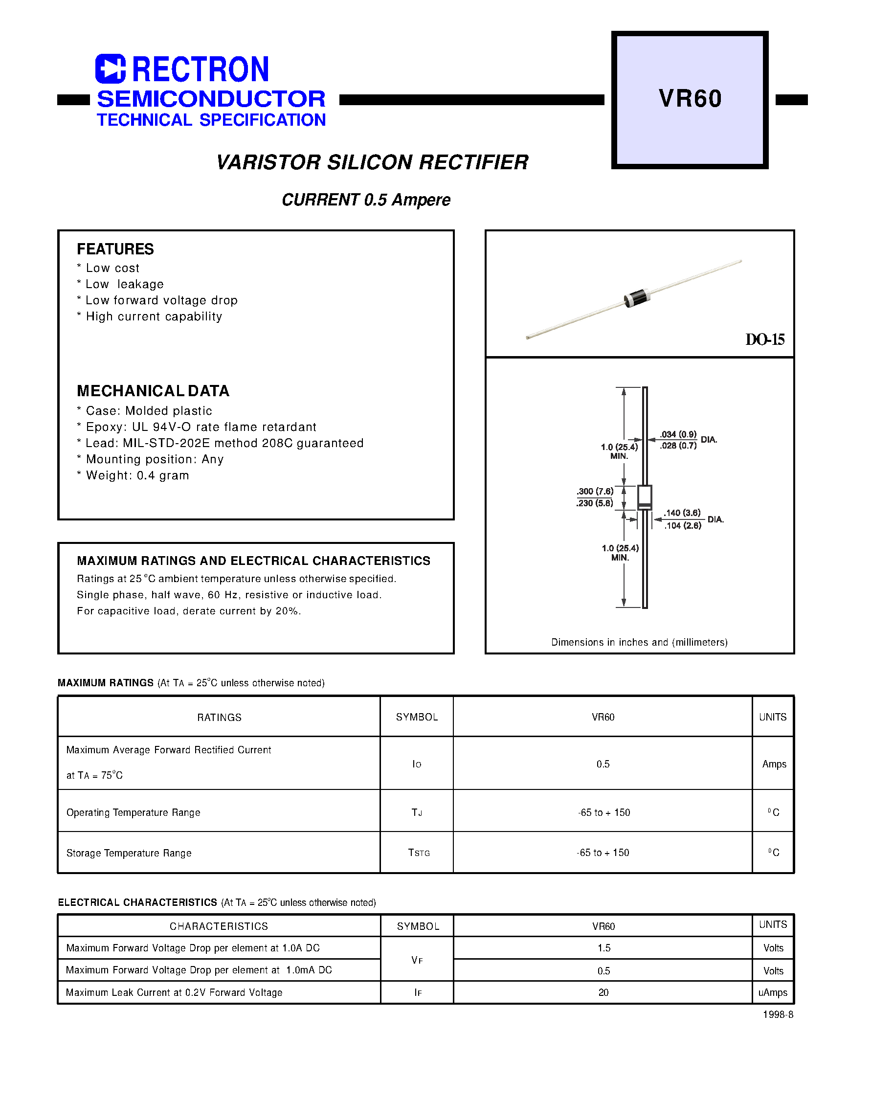 Даташит VR60 - VARISTOR SILICON RECTIFIER (CURRENT 0.5 Ampere) страница 1