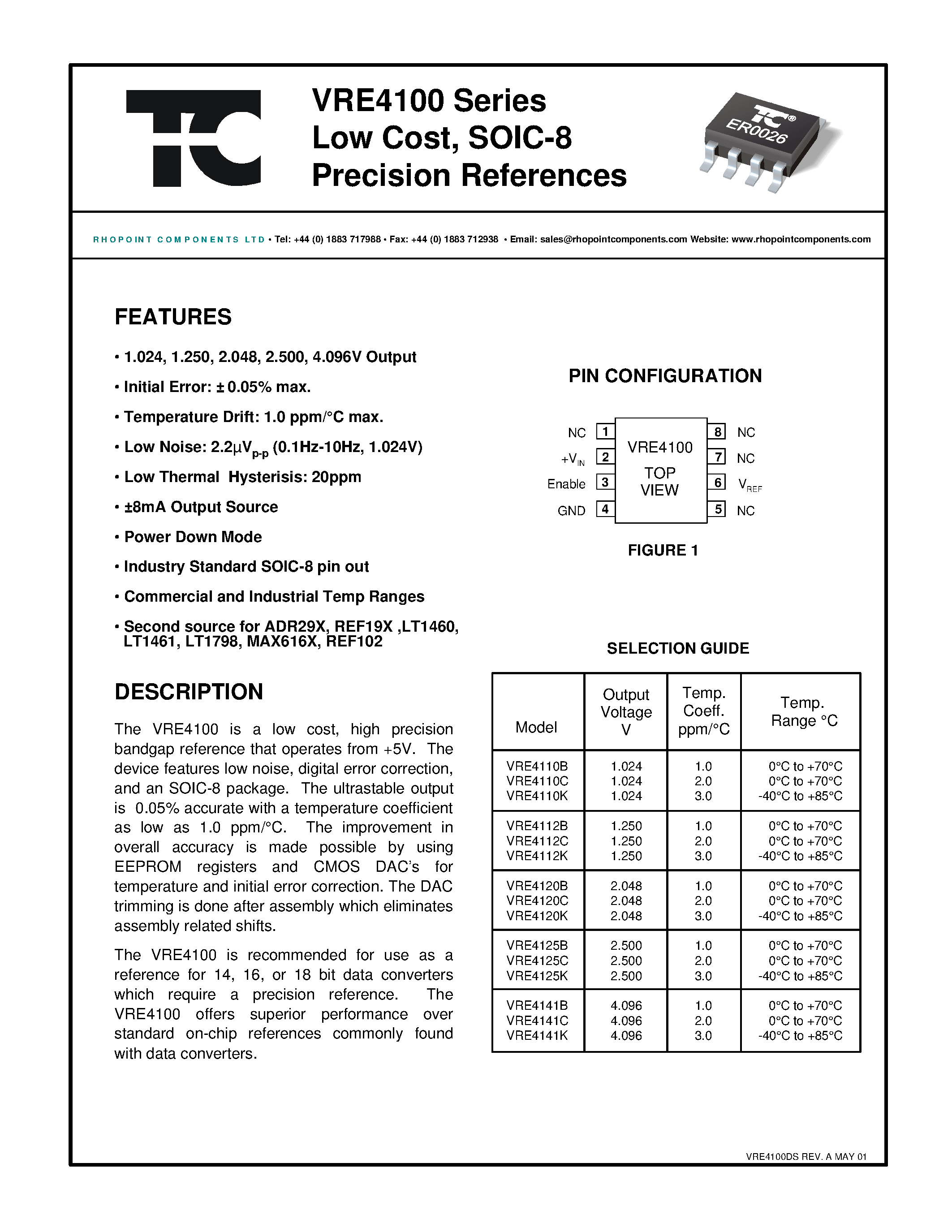 Даташит VRE4100 - Low Cost/ SOIC-8 Precision References страница 1