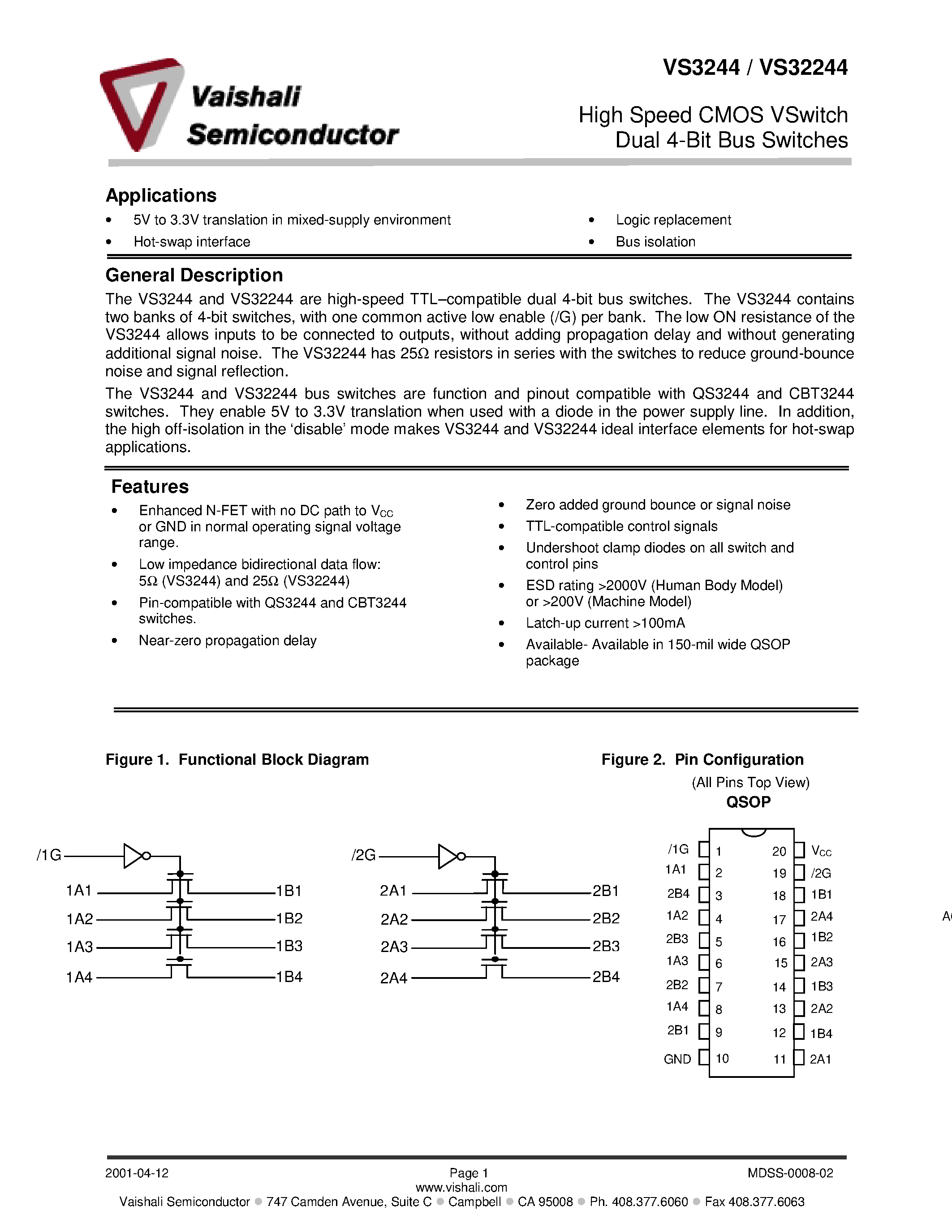 Datasheet VS32244Q - High Speed CMOS VSwitch Dual 4-Bit Bus Switches page 1