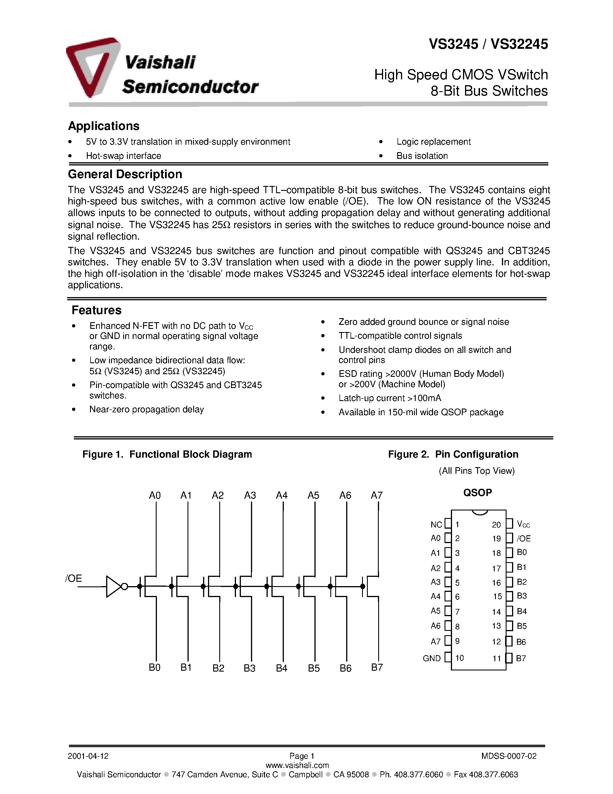 Даташит VS32245Q - High Speed CMOS VSwitch 8-Bit Bus Switches страница 1