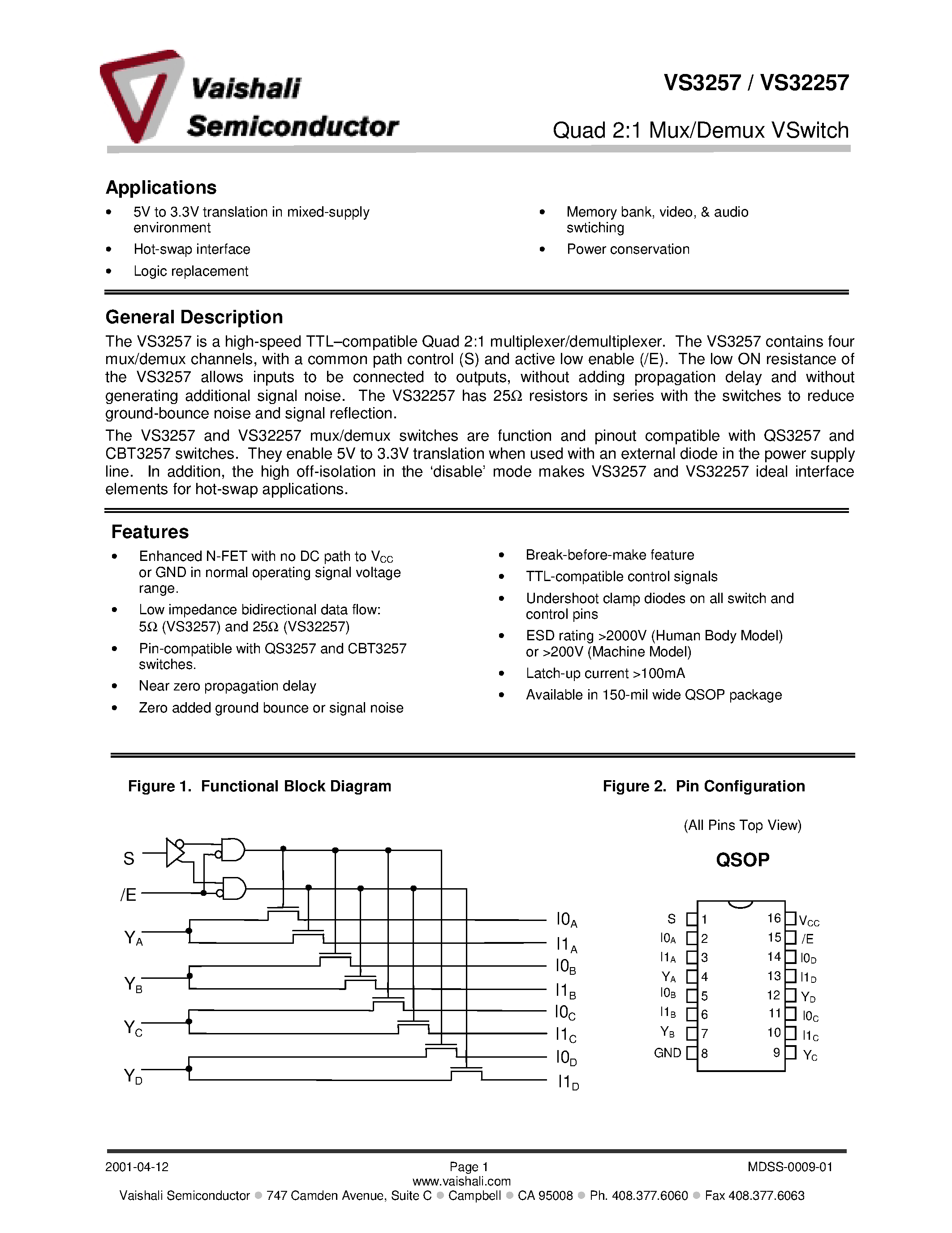 Даташит VS3257Q - Quad 2:1 Mux/Demux VSwitch страница 1