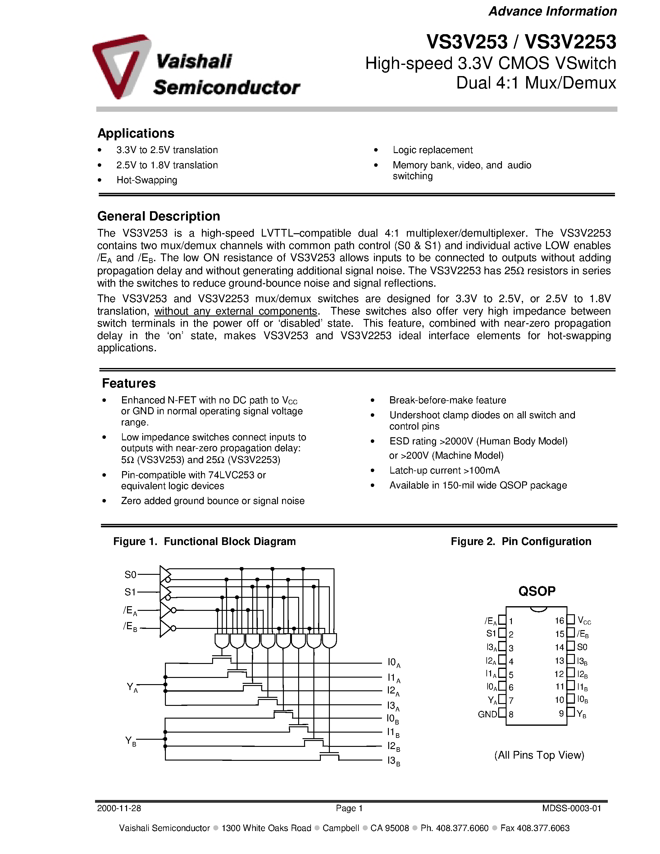 Datasheet VS3V2253Q - High-speed 3.3V CMOS VSwitch Dual 4:1 Mux/Demux page 1