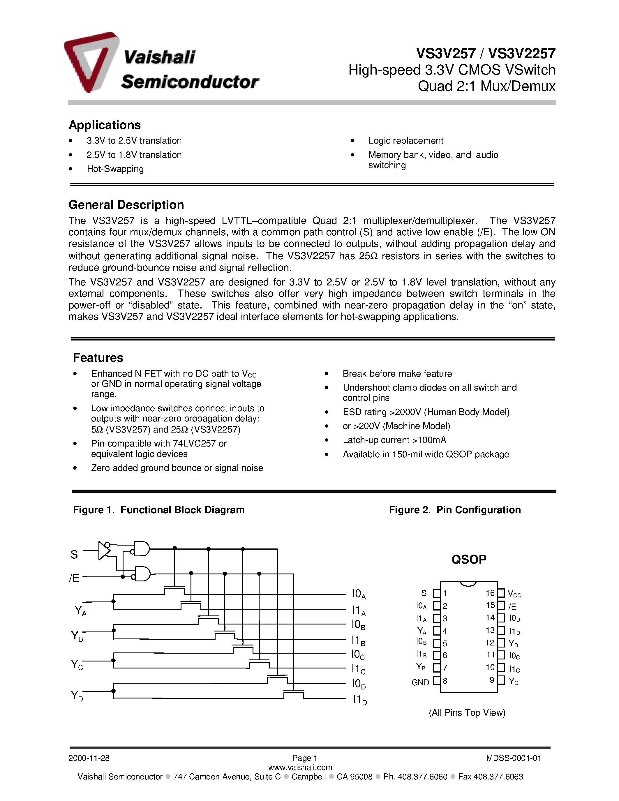 Даташит VS3V257 - High-speed 3.3V CMOS VSwitch Quad 2:1 Mux/Demux страница 1