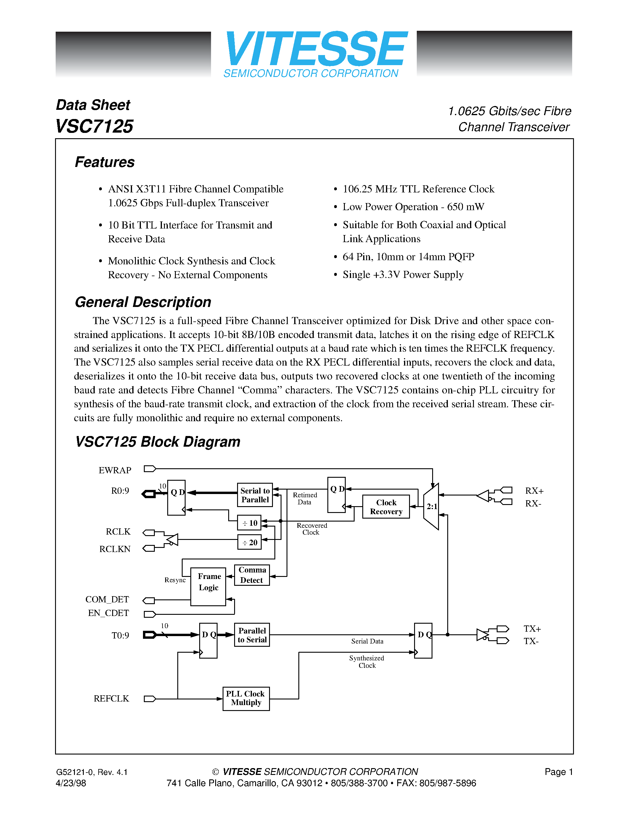 Даташит VSC7125 - 1.0625 Gbits/sec Fibre Channel Transceiver страница 1