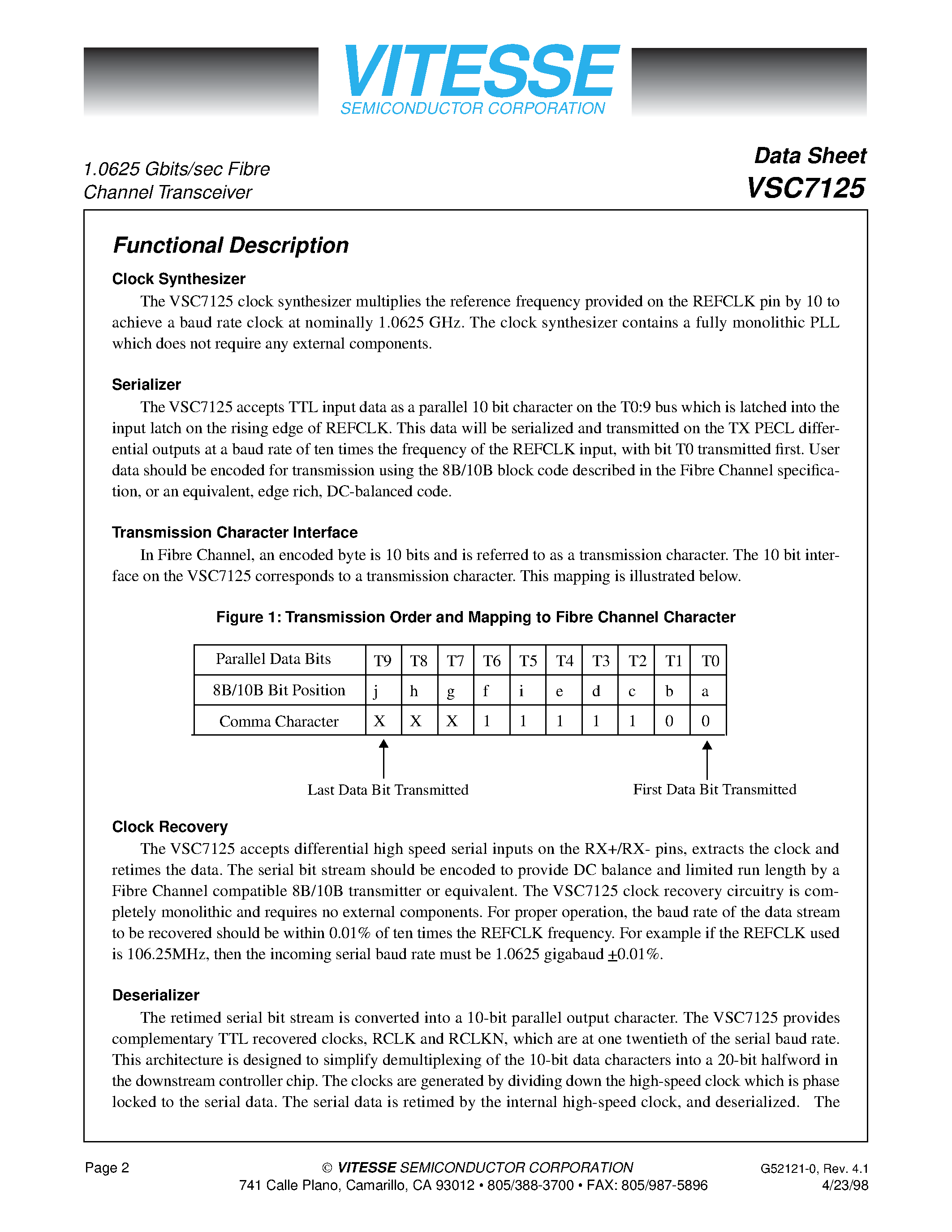 Даташит VSC7125 - 1.0625 Gbits/sec Fibre Channel Transceiver страница 2