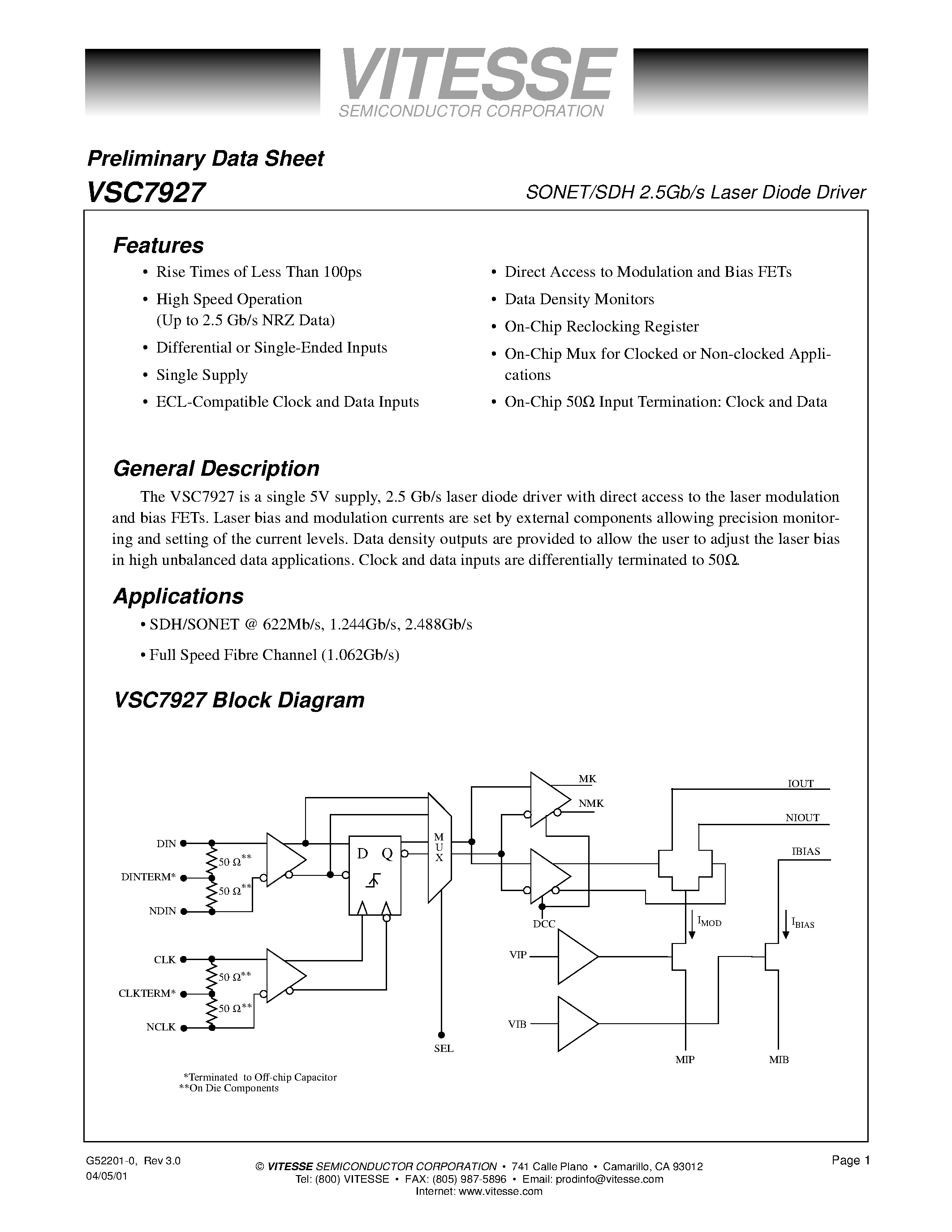 Даташит VSC7927 - SONET/SDH 2.5Gb/s Laser Diode Driver страница 1