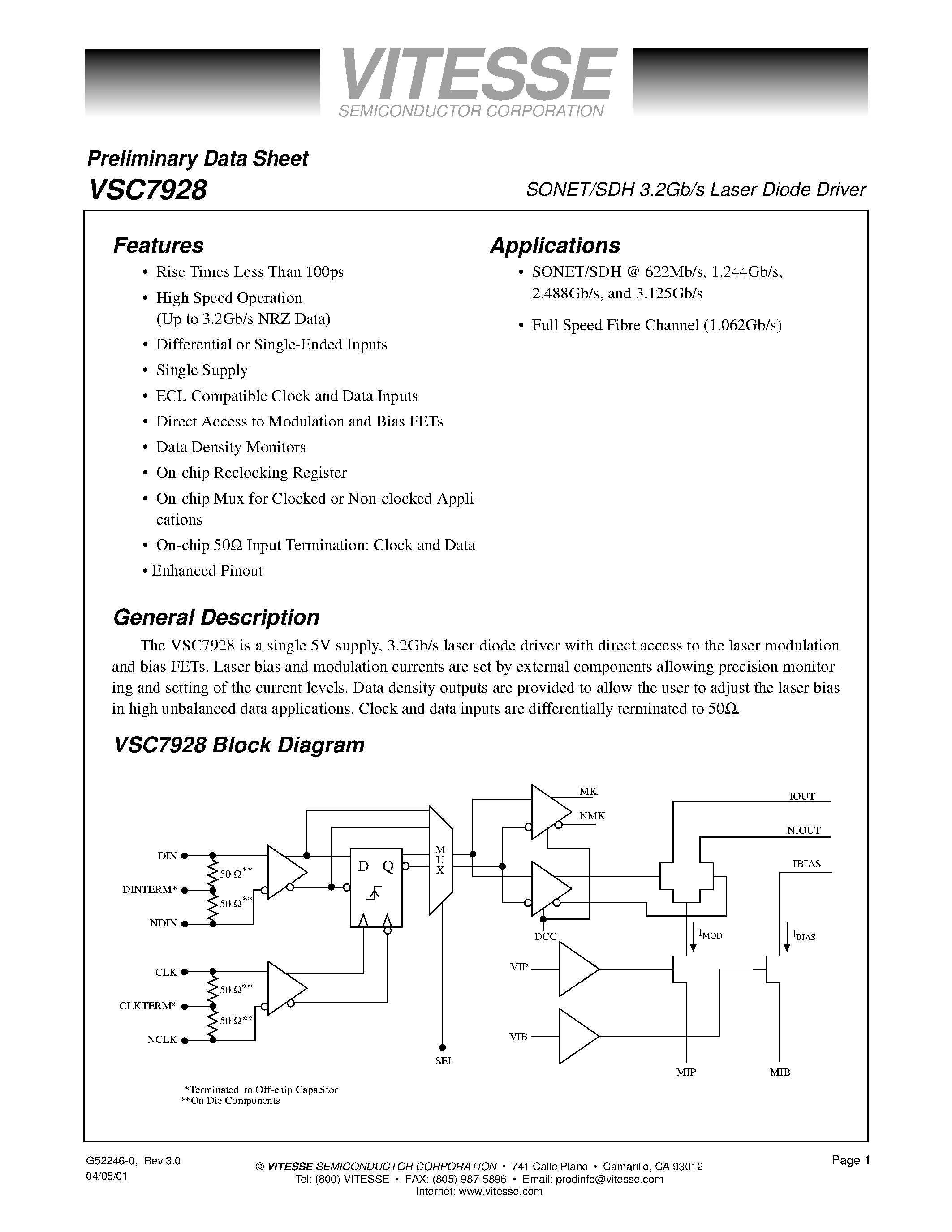 Даташит VSC7928 - SONET/SDH 3.2Gb/s Laser Diode Driver страница 1