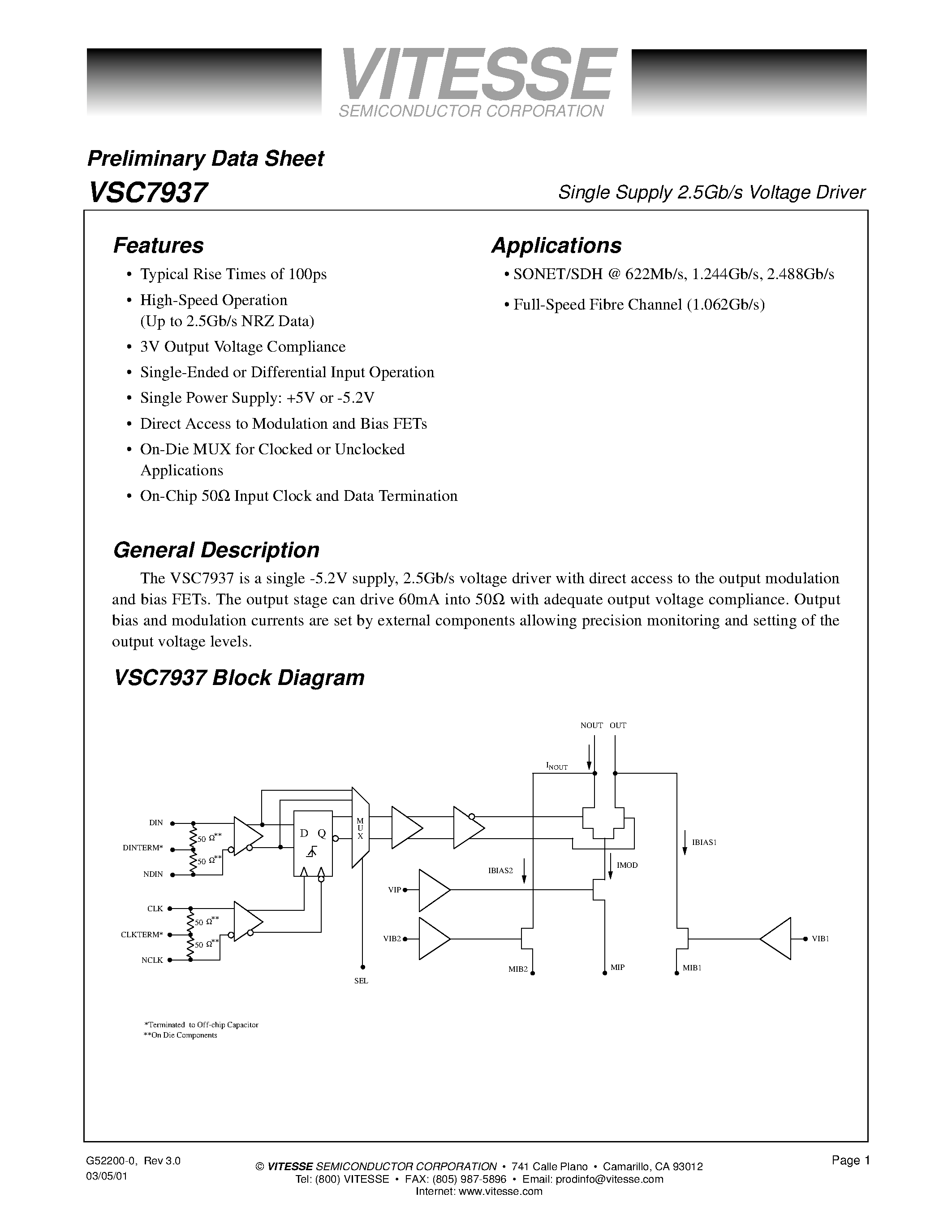 Даташит VSC7937 - Single Supply 2.5Gb/s Voltage Driver страница 1