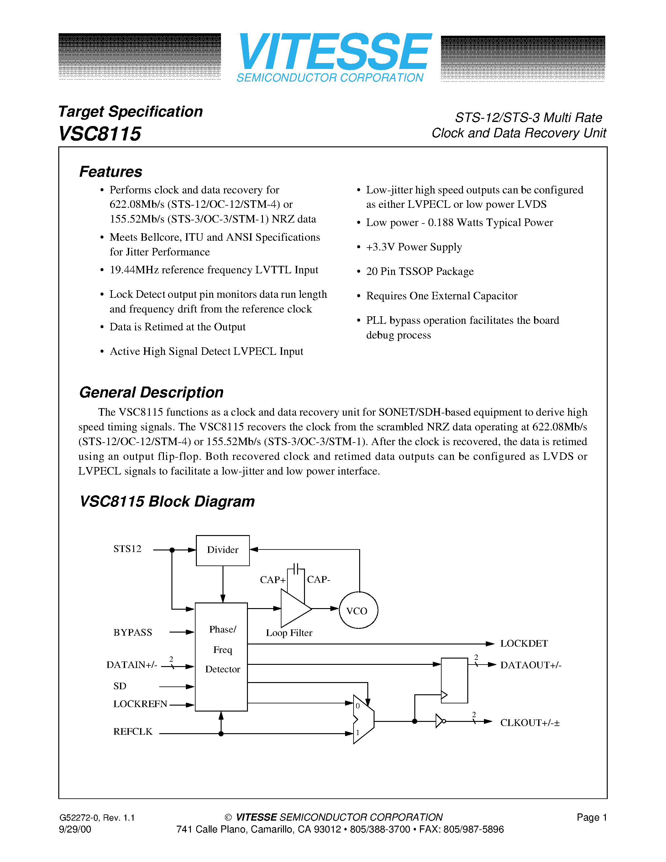 Даташит VSC8115YA - STS-12/STS-3 Multi Rate Clock and Data Recovery Unit страница 1
