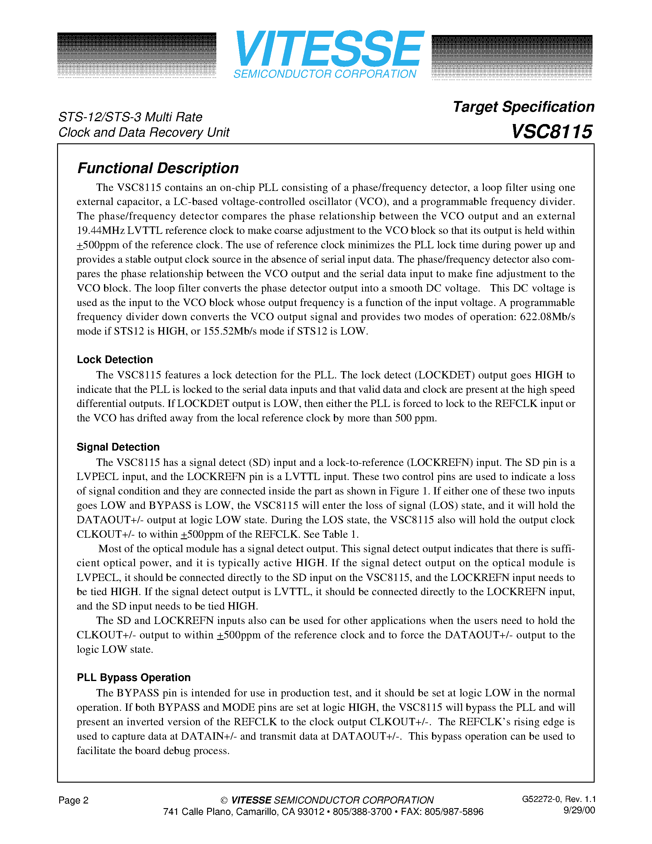 Даташит VSC8115YA - STS-12/STS-3 Multi Rate Clock and Data Recovery Unit страница 2