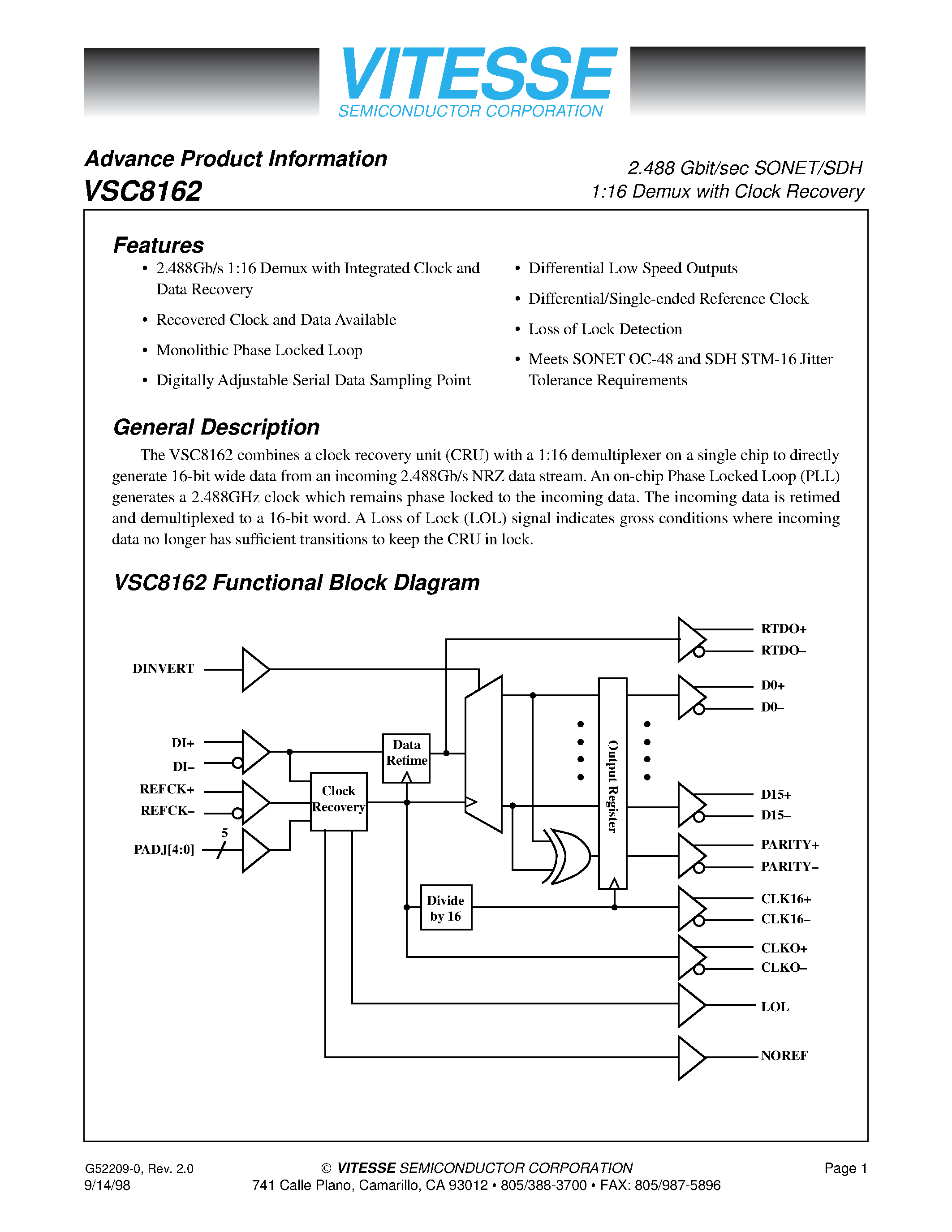 Даташит VSC8162 - 2.488 Gbit/sec SONET/SDH 1:16 Demux with Clock Recovery страница 1