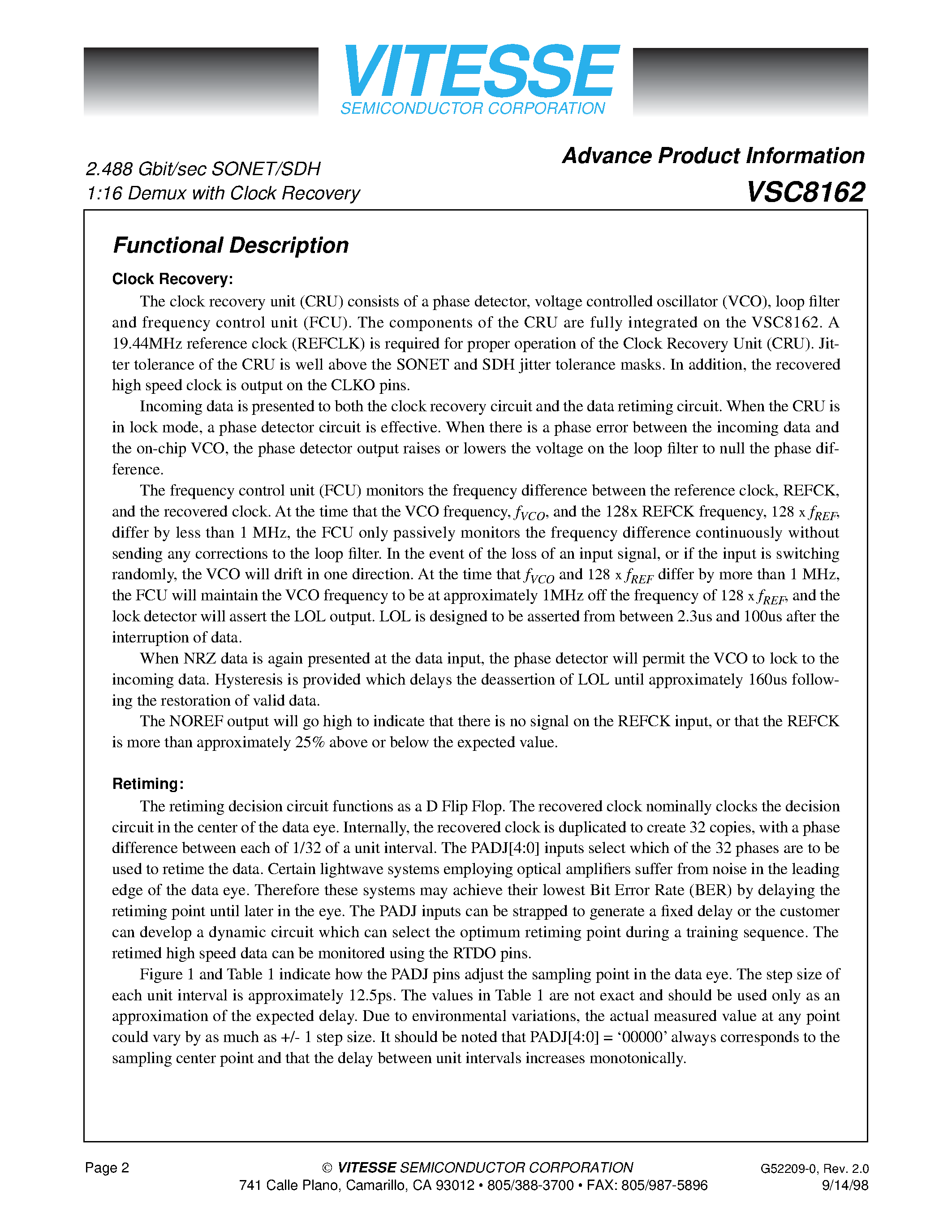 Даташит VSC8162 - 2.488 Gbit/sec SONET/SDH 1:16 Demux with Clock Recovery страница 2