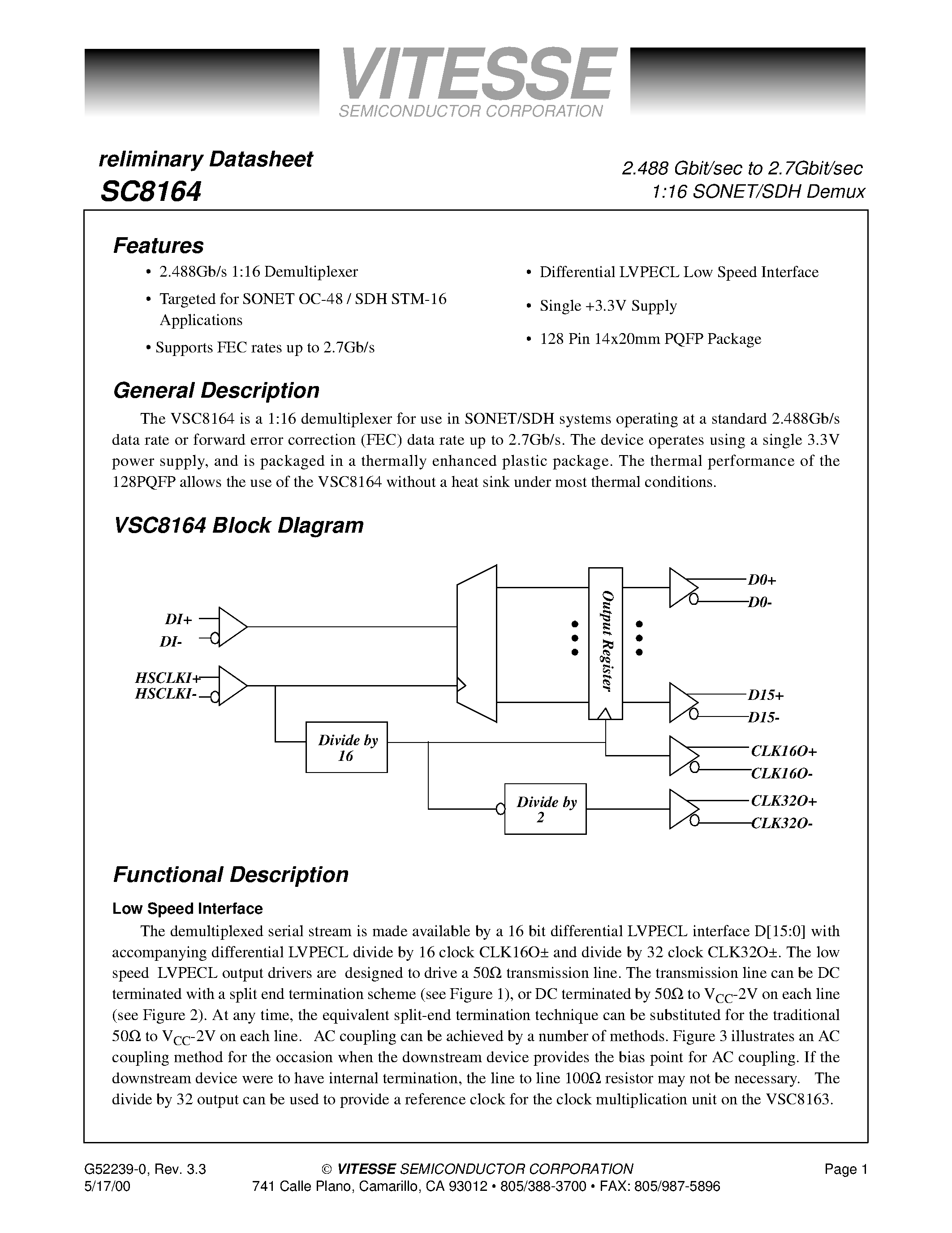 Даташит VSC8164 - 2.488 Gbit/sec to 2.7Gbit/sec 1:16 SONET/SDH Demux страница 1