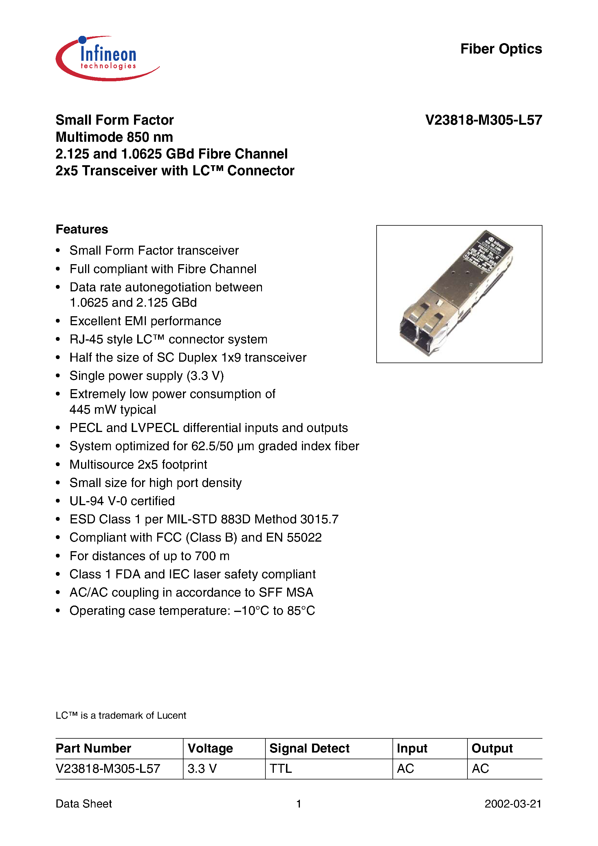 Даташит V23818-M305-L57 - Small Form Factor Multimode 850 nm 2.125 and 1.0625 GBd Fibre Channel 2x5 Transceiver with LC Connector страница 1