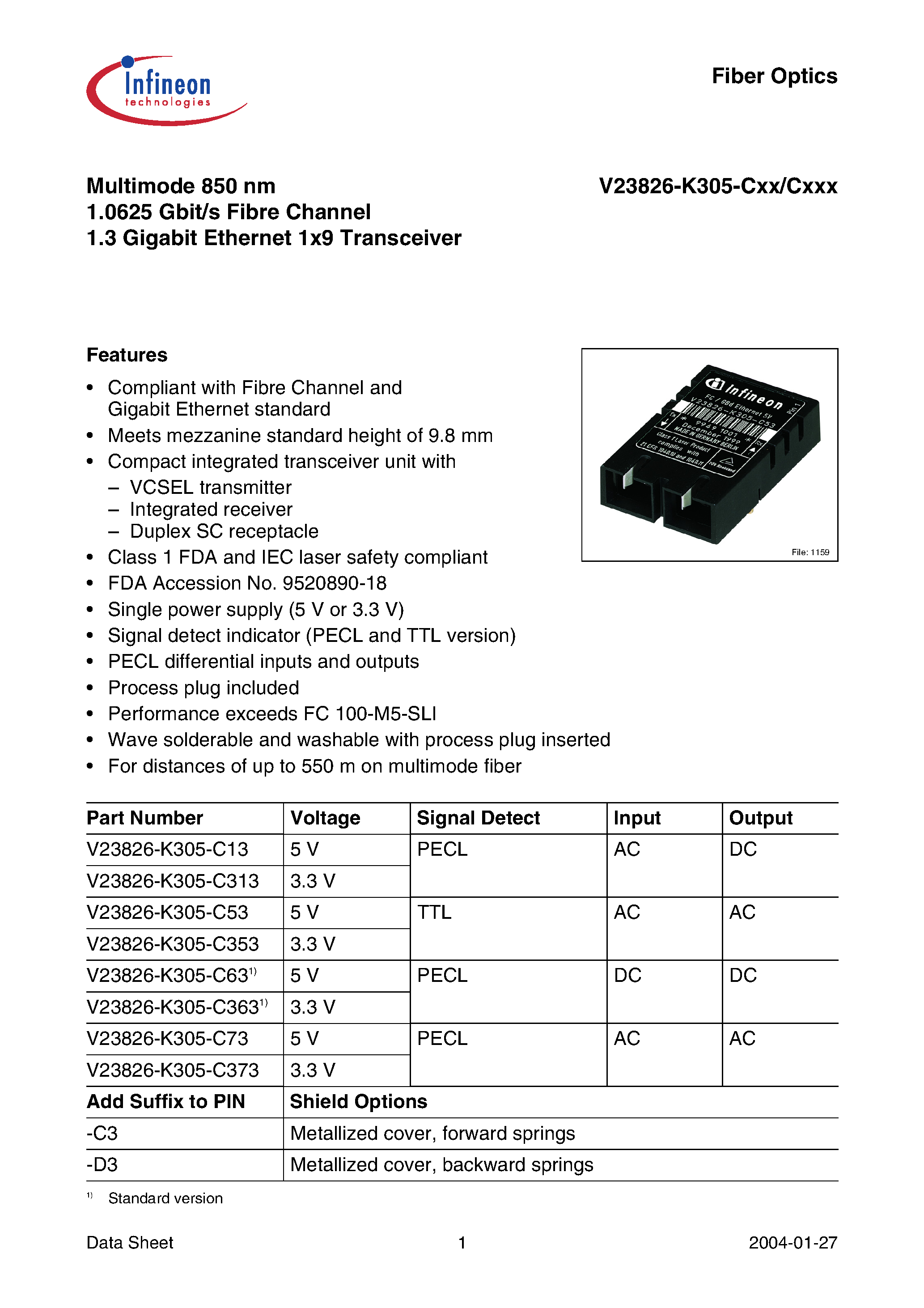 Даташит V23826-K305-C13 - Multimode 850 nm 1.0625 Gbit/s Fibre Channel 1.3 Gigabit Ethernet 1x9 Transceiver страница 1