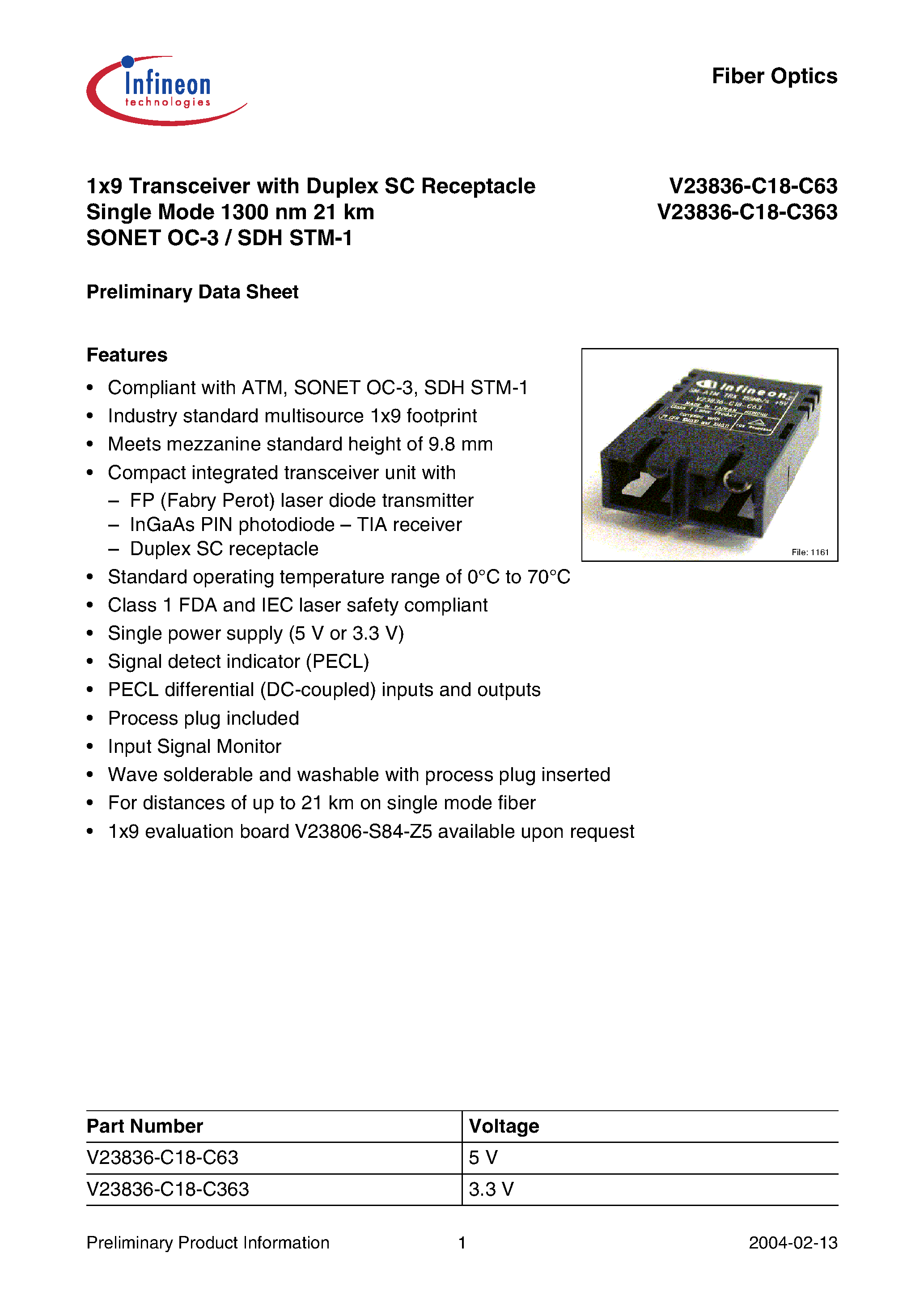 Даташит V23836-C18-C363 - 1x9 Transceiver with Duplex SC Receptacle Single Mode 1300 nm 21 km SONET OC-3 / SDH STM-1 страница 1