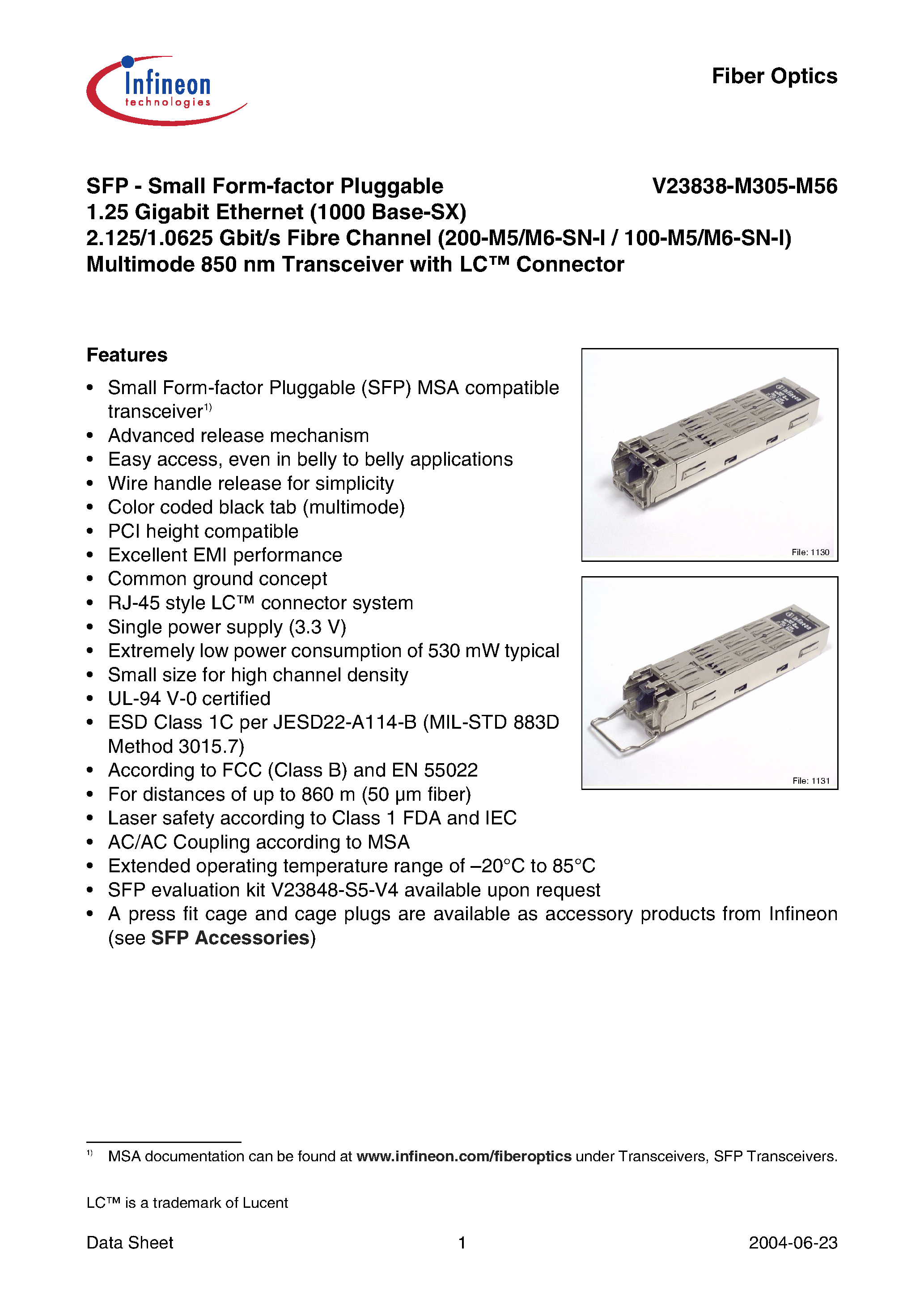 Даташит V23838-M305-M56 - SFP-Small Form-factor Pluggable 1.25 Gigabit Ethernet 2.125/1.0625 Gbit/s Fibre Channel Multimode 850 nm Transceiver with LC Connector страница 1