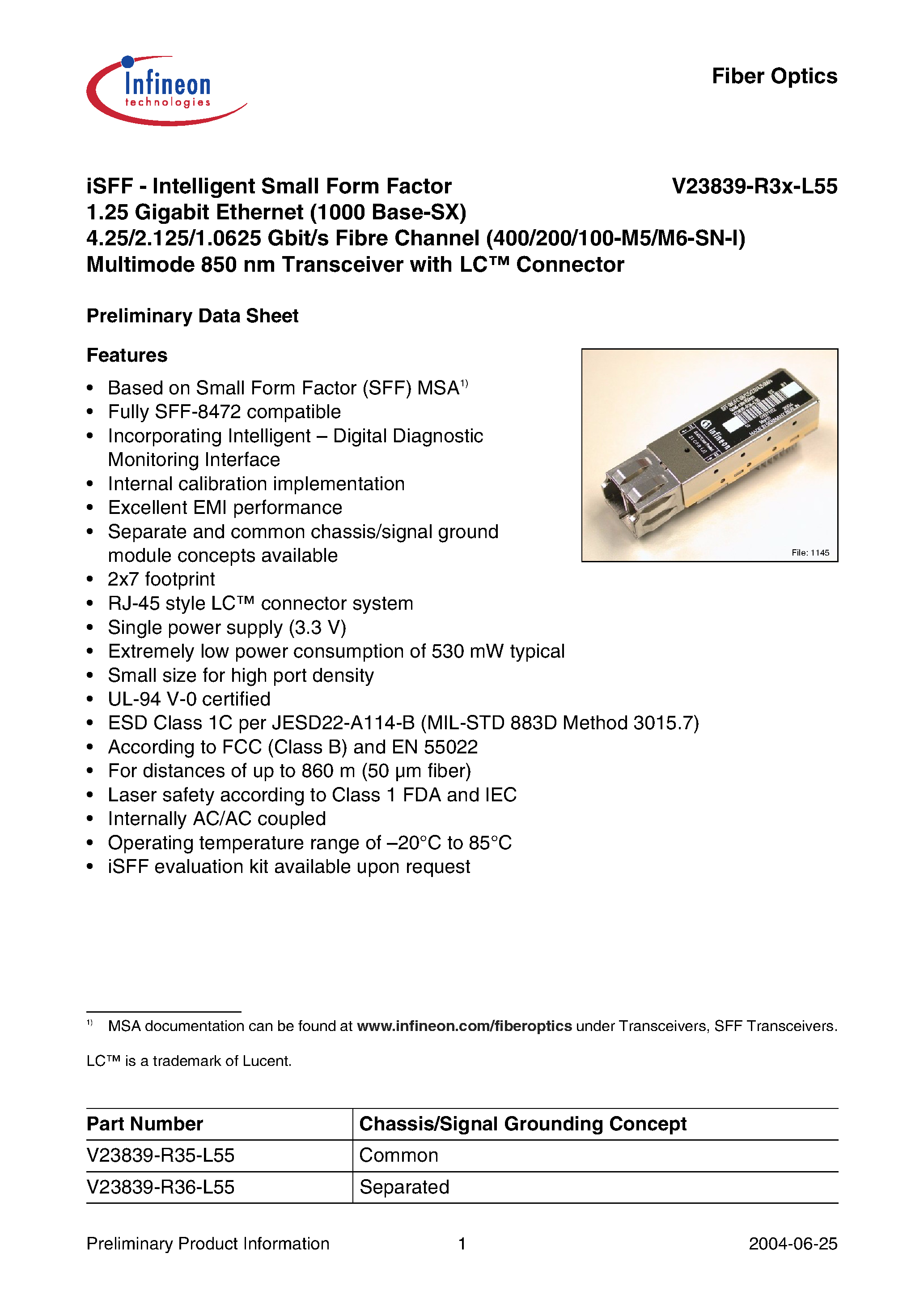 Даташит V23839-R35-L55 - iSFF - Intelligent Small Form Factor 1.25 Gigabit Ethernet 4.25/2.125/1.0625 Gbit/s Fibre Channel Multimode 850 nm Transceiver with LC Connector страница 1