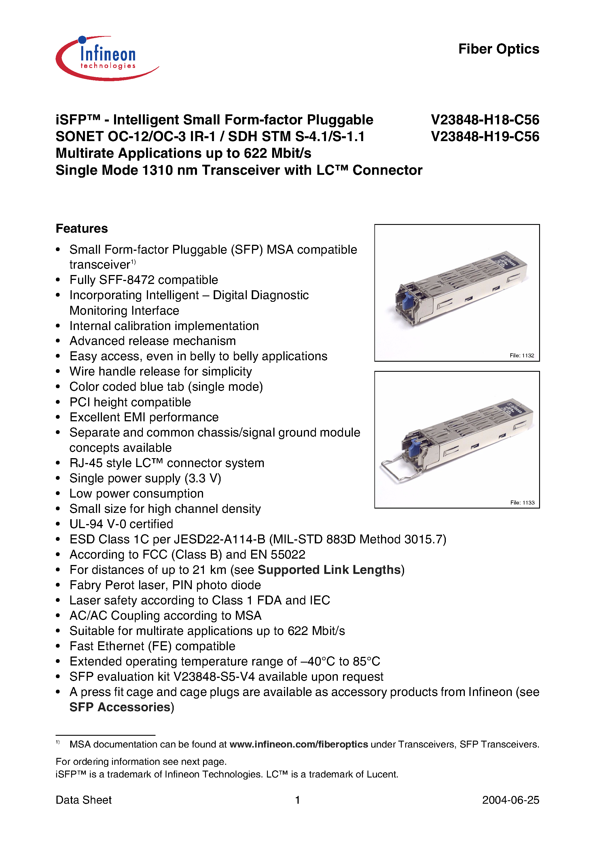 Datasheet V23848-H18-C56 - iSFP-Intelligent Small Form-factor Pluggable SONET OC-12/OC-3 IR-1 / SDH STM S-4.1/S-1.1 Multirate Applications up to 622 Mbit/s page 1