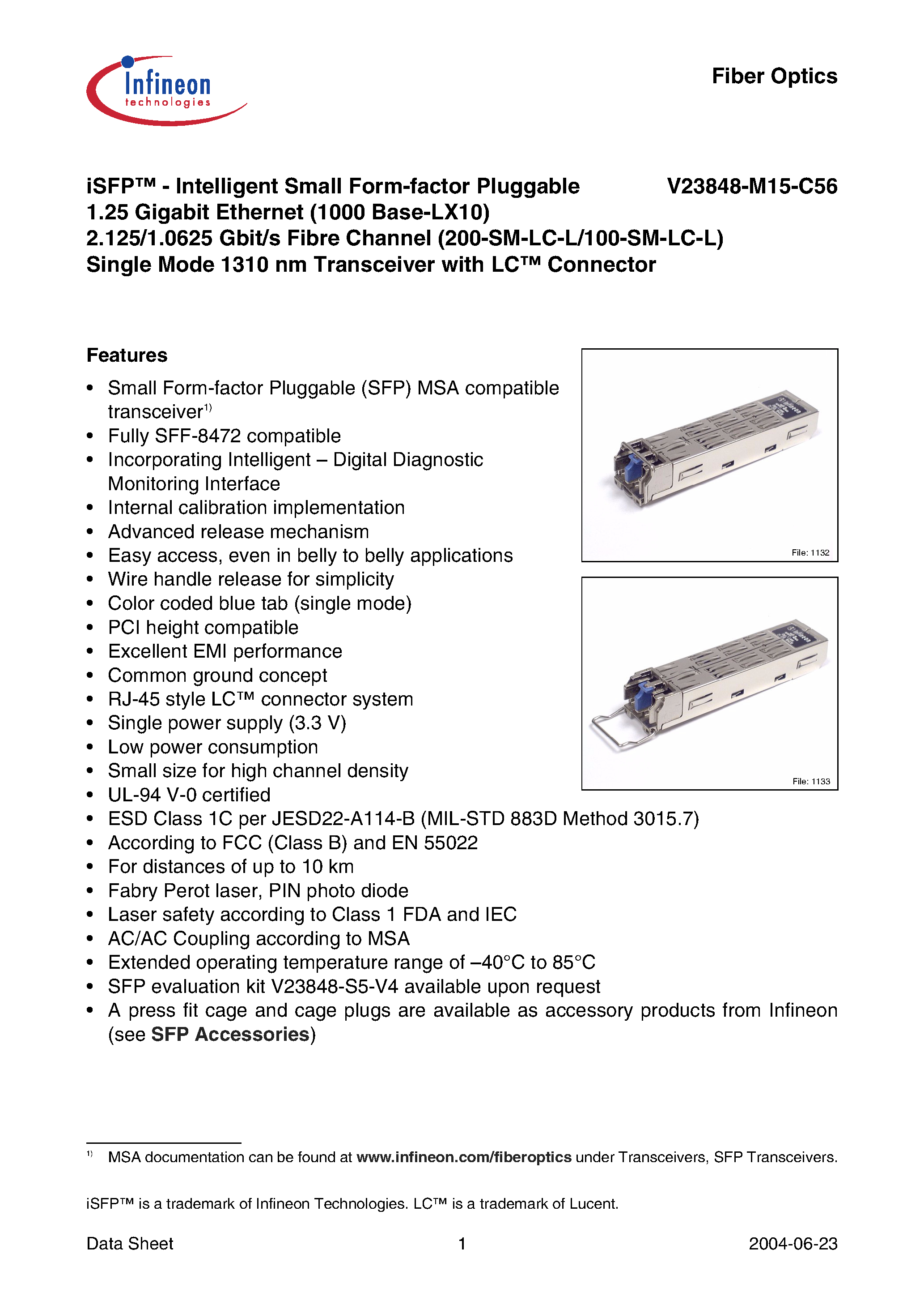 Datasheet V23848-M15-C56 - iSFP-Intelligent Small Form-factor Pluggable 1.25 Gigabit Ethernet 2.125/1.0625 Gbit/s Fibre Channel Single Mode 1310 nm Transceiver with LC Connector page 1