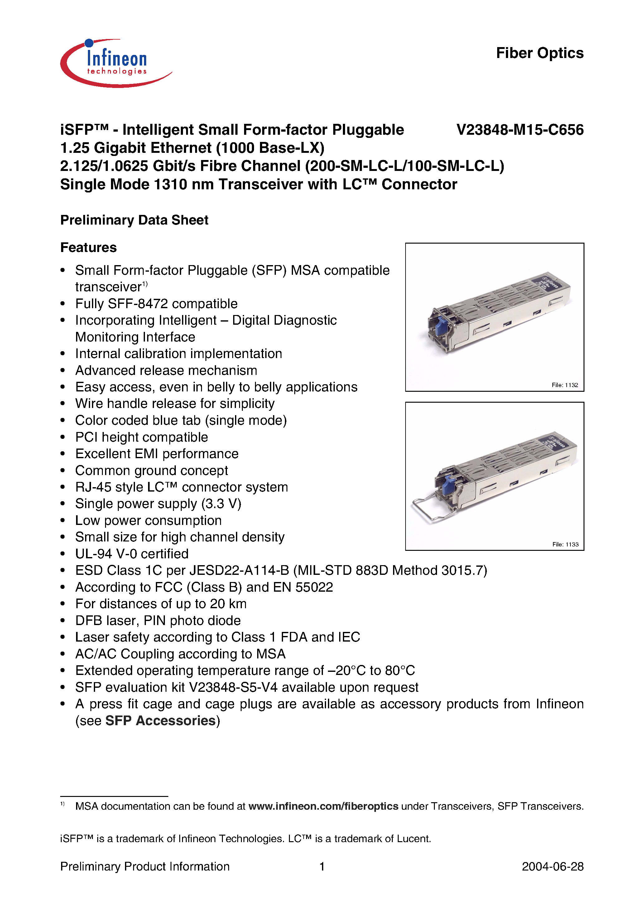 Datasheet V23848-M15-C656 - iSFP-Intelligent Small Form-factor Pluggable 1.25 Gigabit Ethernet 2.125/1.0625 Gbit/s Fibre Channel Single Mode 1310 nm Transceiver with LC Connector page 1