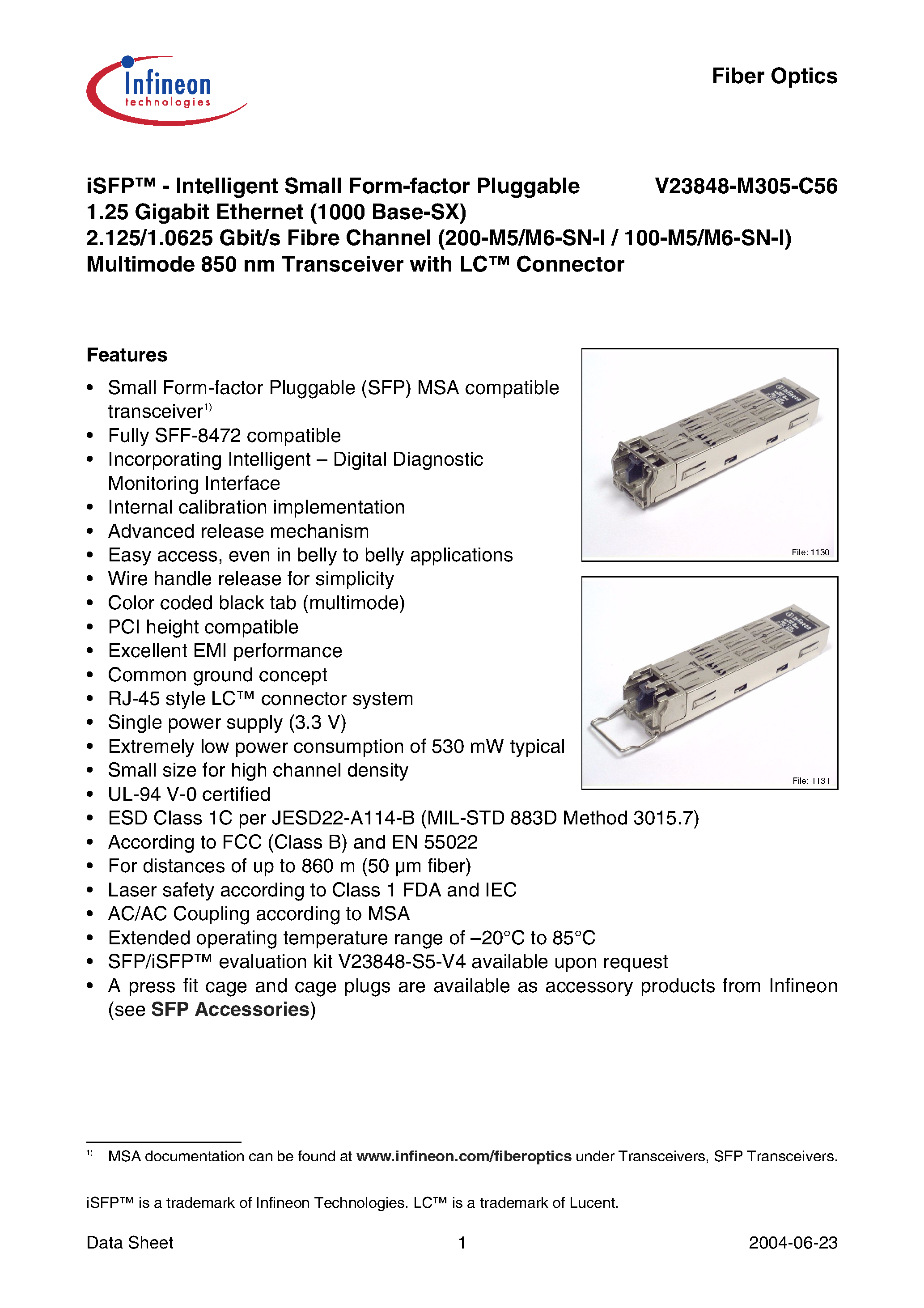 Datasheet V23848-M305-C56 - iSFP-Intelligent Small Form-factor Pluggable 1.25 Gigabit Ethernet 2.125/1.0625 Gbit/s Fibre Channel Multimode 850 nm Transceiver with LC Connector page 1