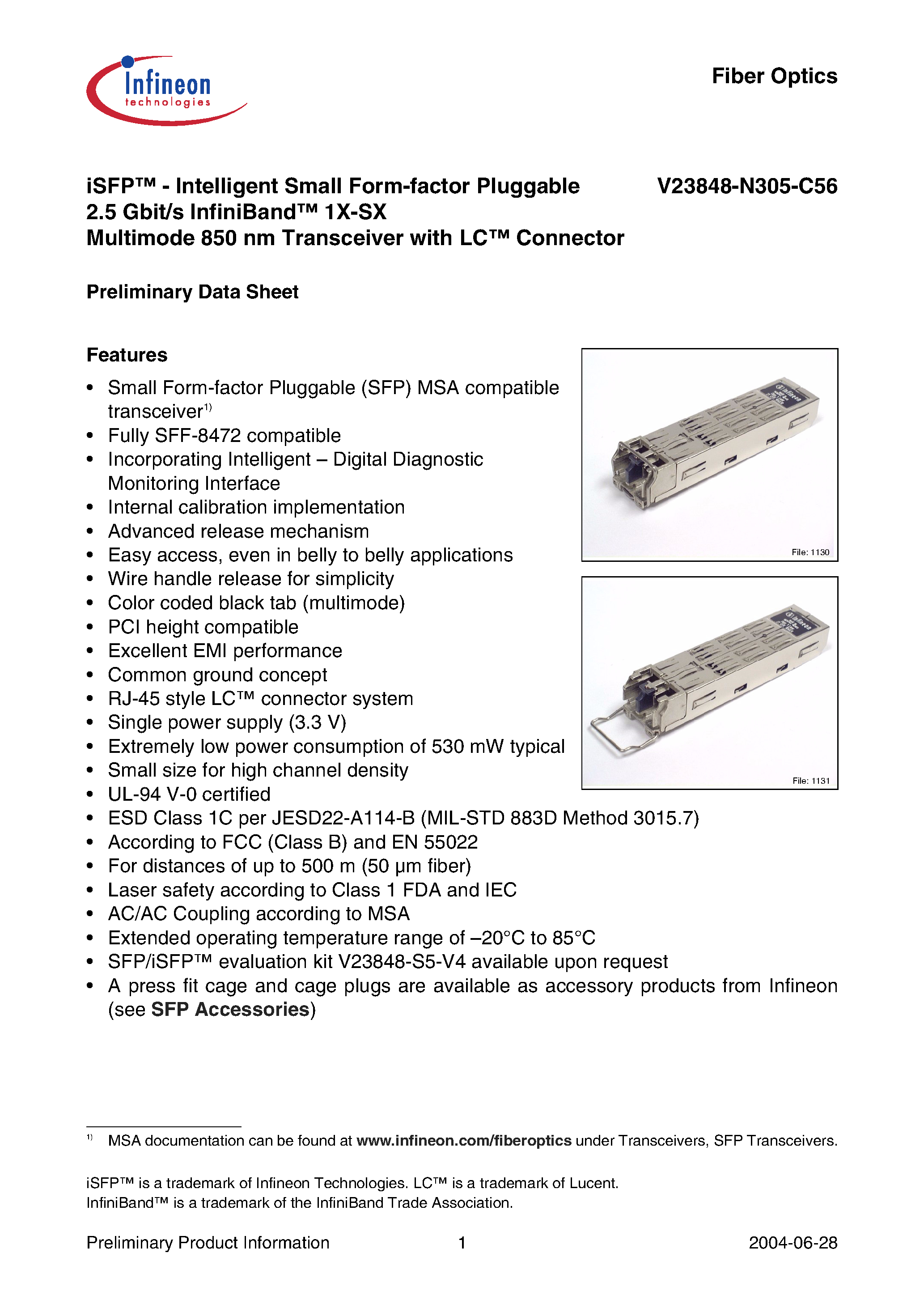 Datasheet V23848-N305-C56 - iSFP-Intelligent Small Form-factor Pluggable 2.5 Gbit/s InfiniBand 1X-SX Multimode 850 nm Transceiver with LC Connector page 1