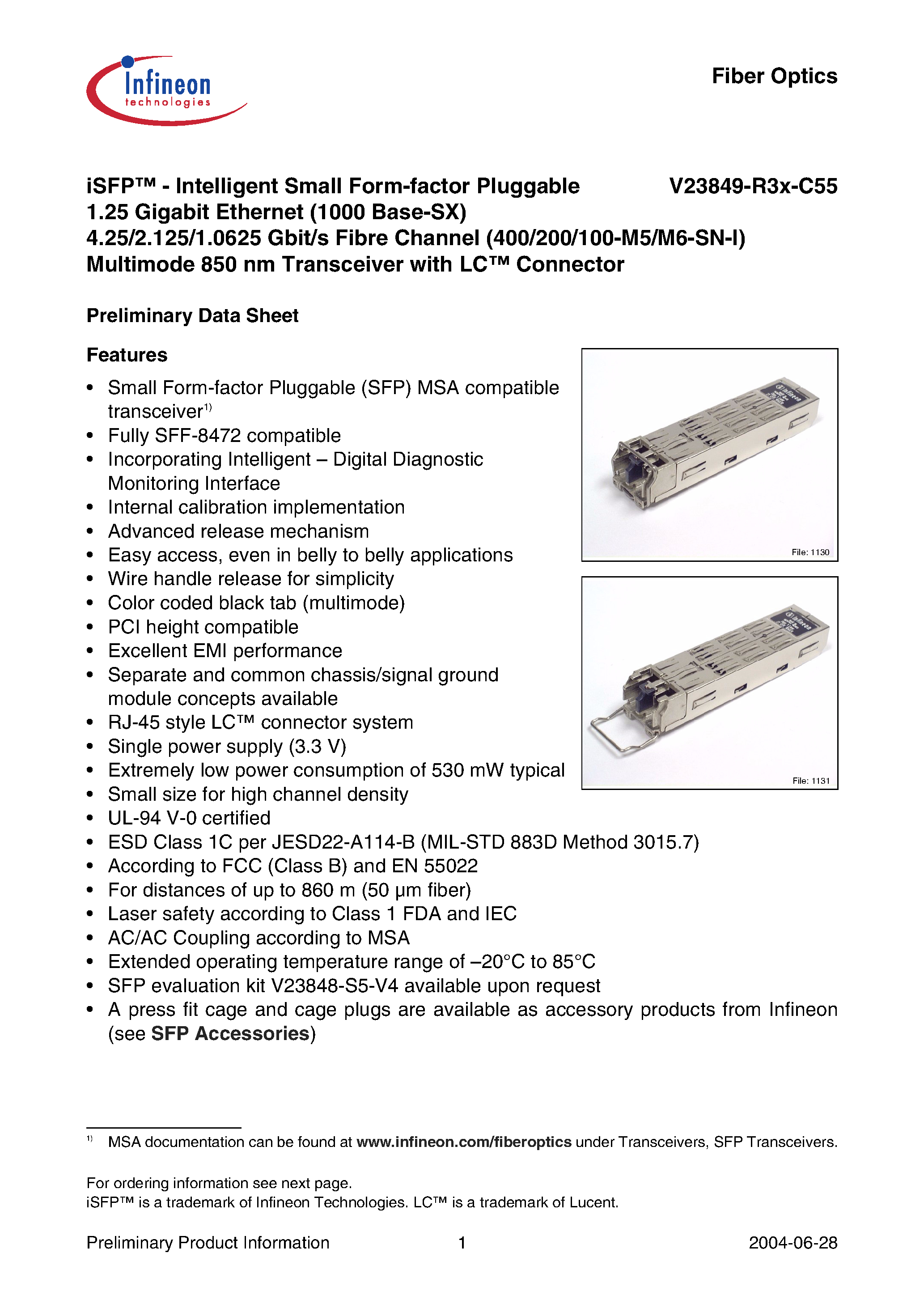 Datasheet V23849-R36-C55 - iSFP-Intelligent Small Form-factor Pluggable 1.25 Gigabit Ethernet 4.25/2.125/1.0625 Gbit/s Fibre Channel page 1