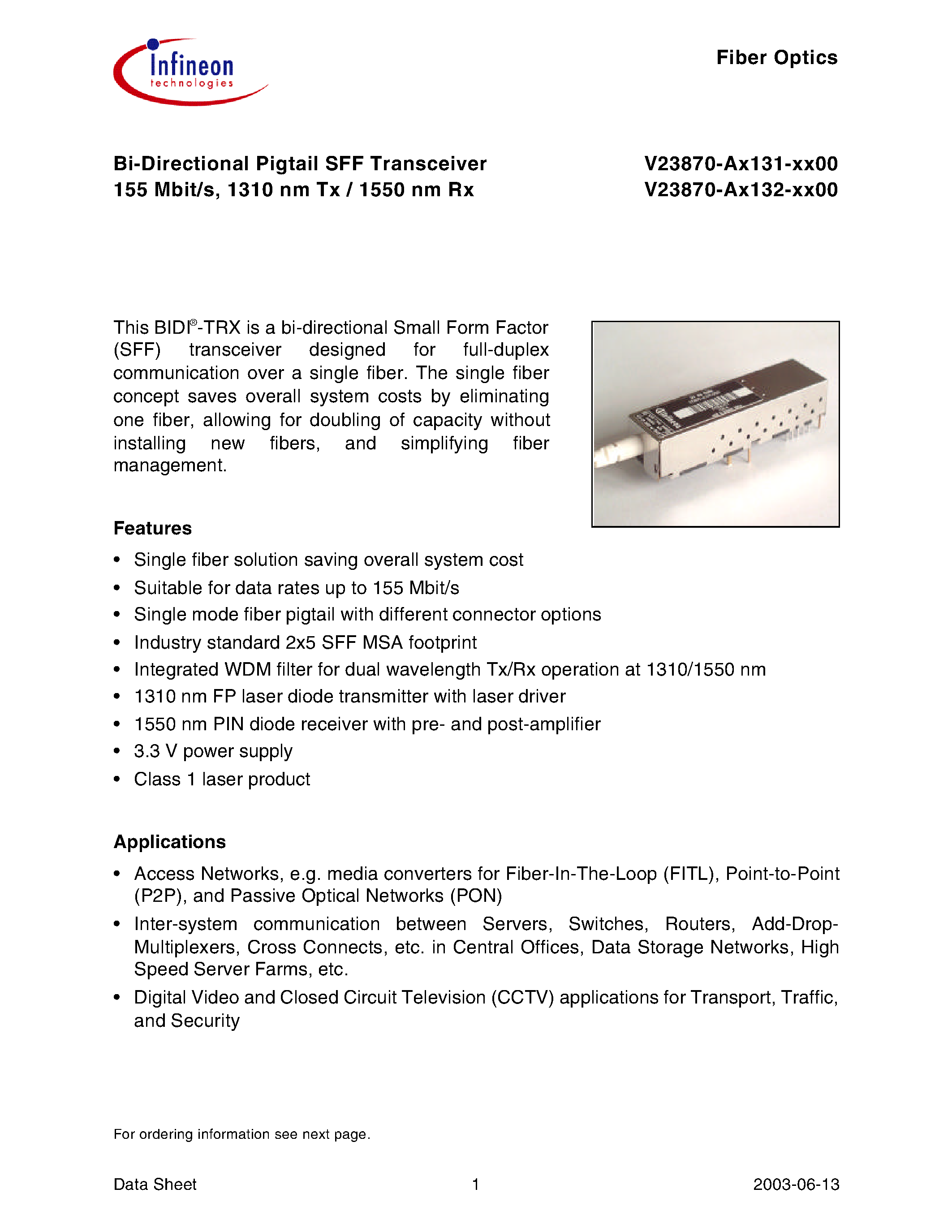 Datasheet V23870-A1132-A100 - Bi-Directional Pigtail SFF Transceiver 155 Mbit/s/ 1310 nm Tx / 1550 nm Rx page 1