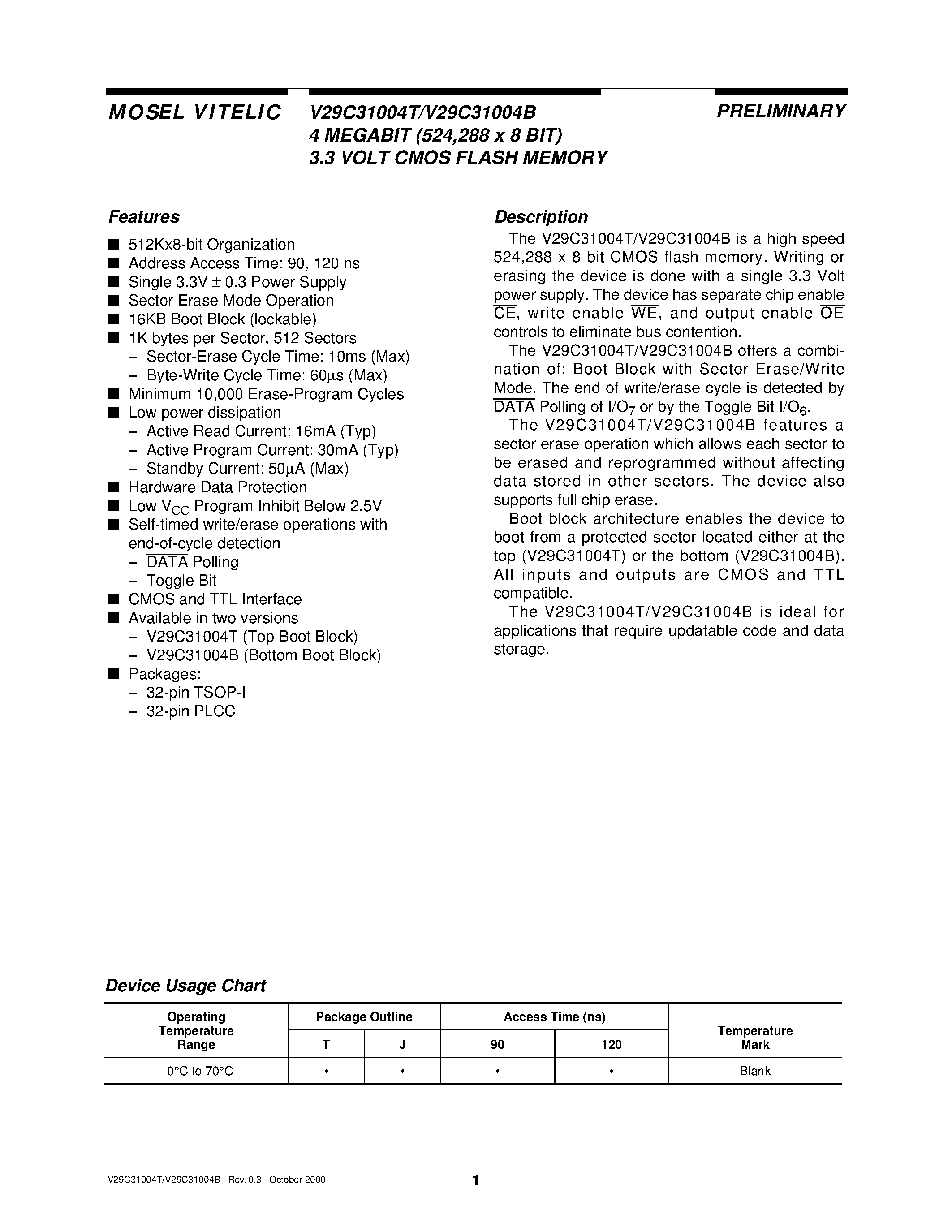 Datasheet V29C31004B - 4 MEGABIT 524/288 x 8 BIT 3.3 VOLT CMOS FLASH MEMORY page 1