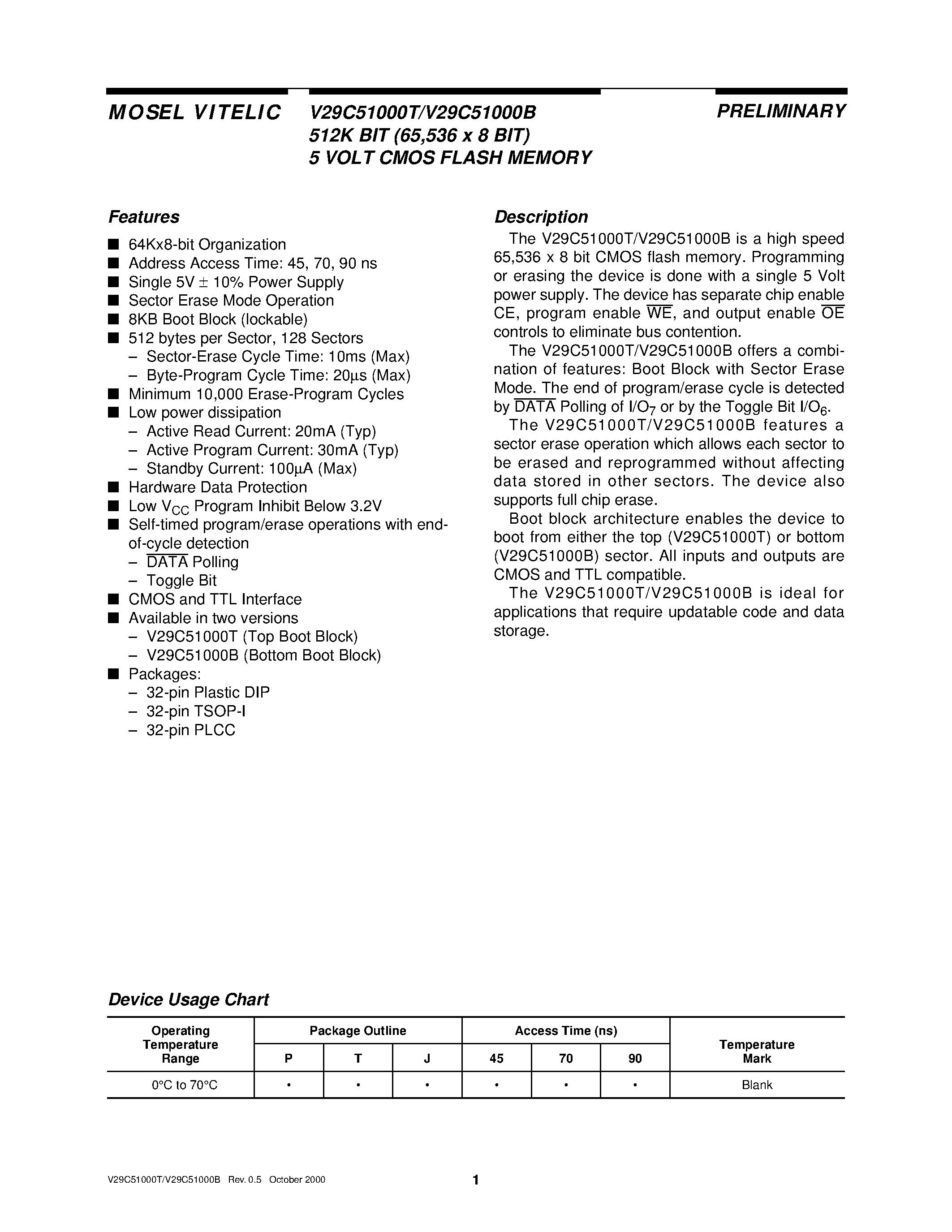 Даташит V29C51000T - 512K BIT 65/536 x 8 BIT 5 VOLT CMOS FLASH MEMORY страница 1